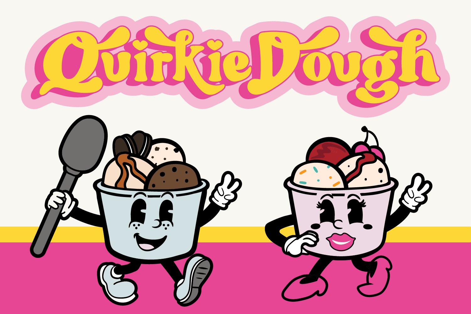 'The Cup-ple' cartoon mascots and logo created for Quirkie Dough, a cookie dough shop in Coeur d' Alene Idaho