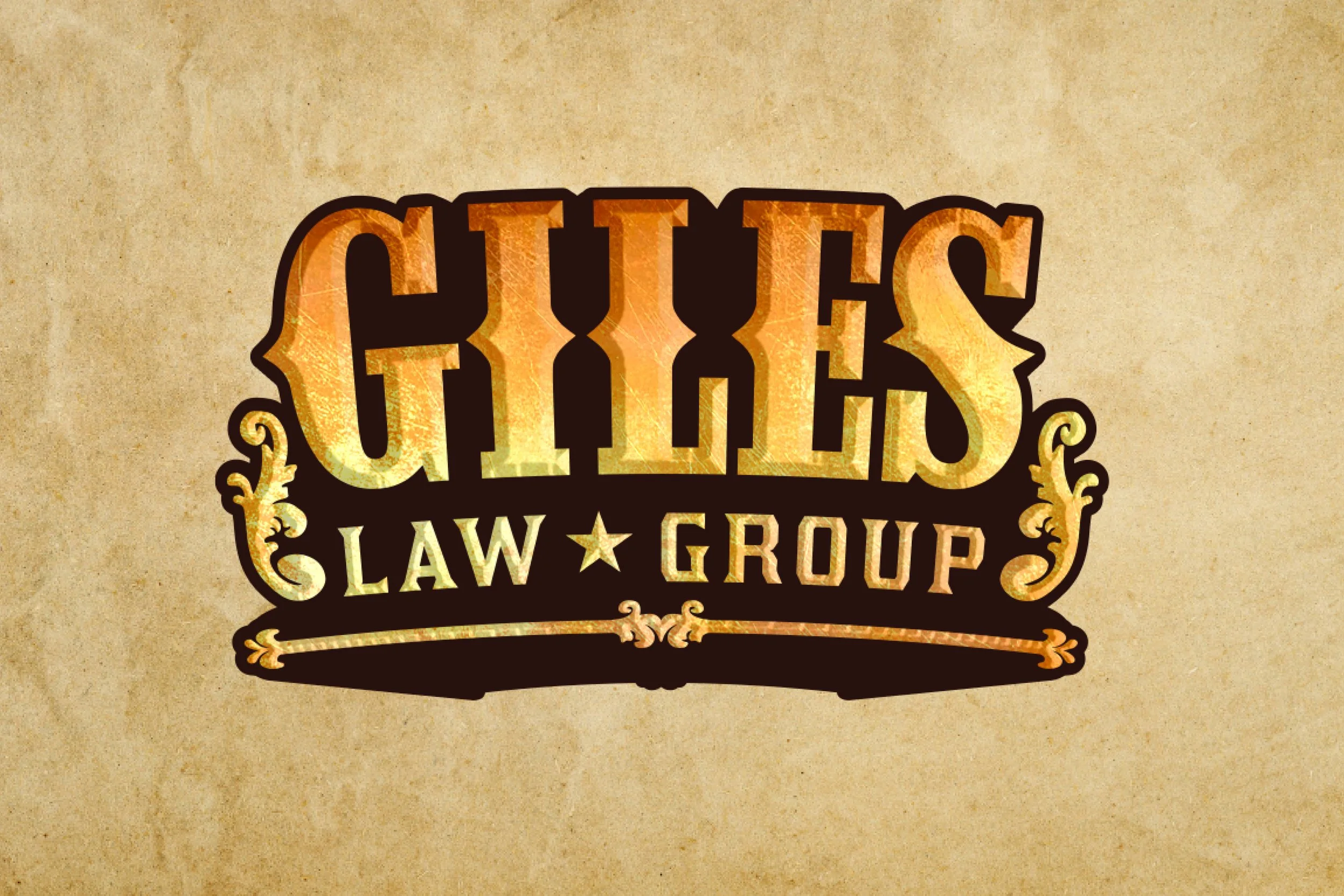 Vintage Western-style sign reading 'Giles Law Group' with decorative elements on a textured beige background.