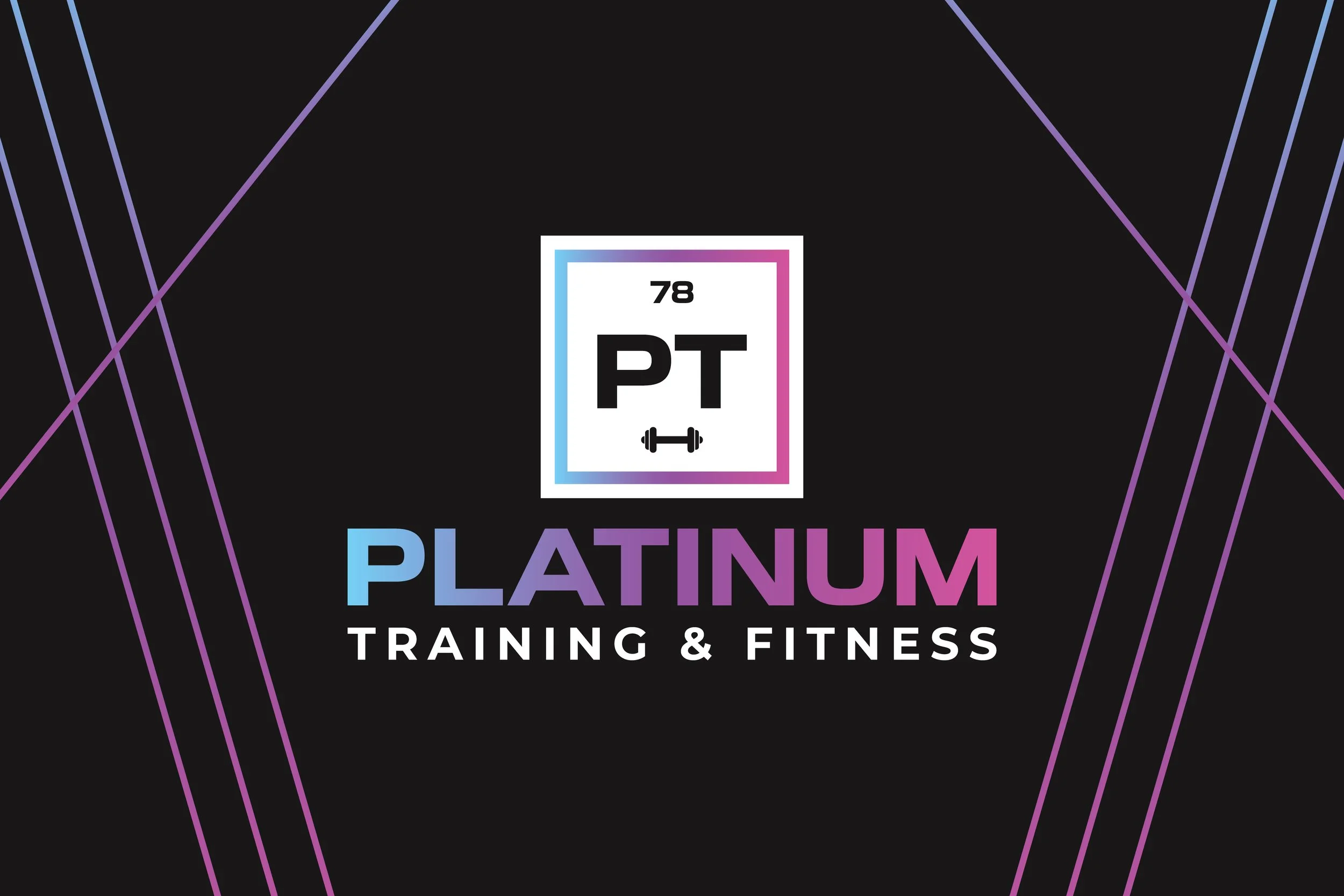 A digital graphic design promoting platinum training and fitness. The background is black with purple and blue neon-style lines. In the center, there's a white square with a periodic table-style number 78, the letters PT, and a barbell icon. Below, the text reads "PLATINUM TRAINING & FITNESS" in vibrant colors.