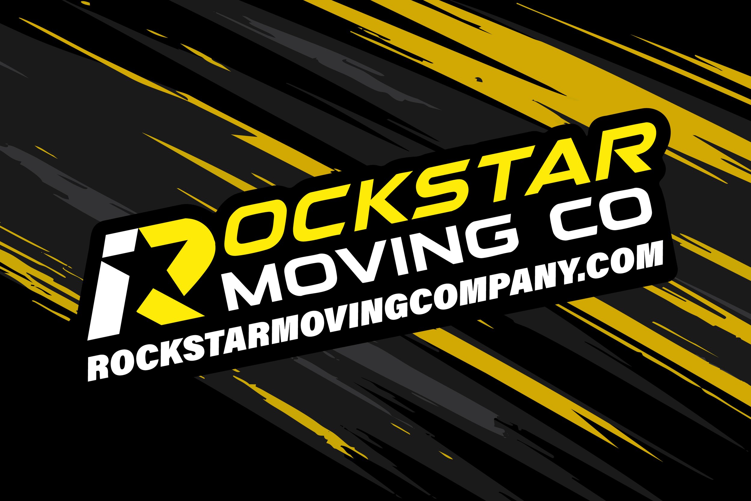 Rockstar Moving Co logo with black, yellow, and white colors on a black background with yellow streaks.