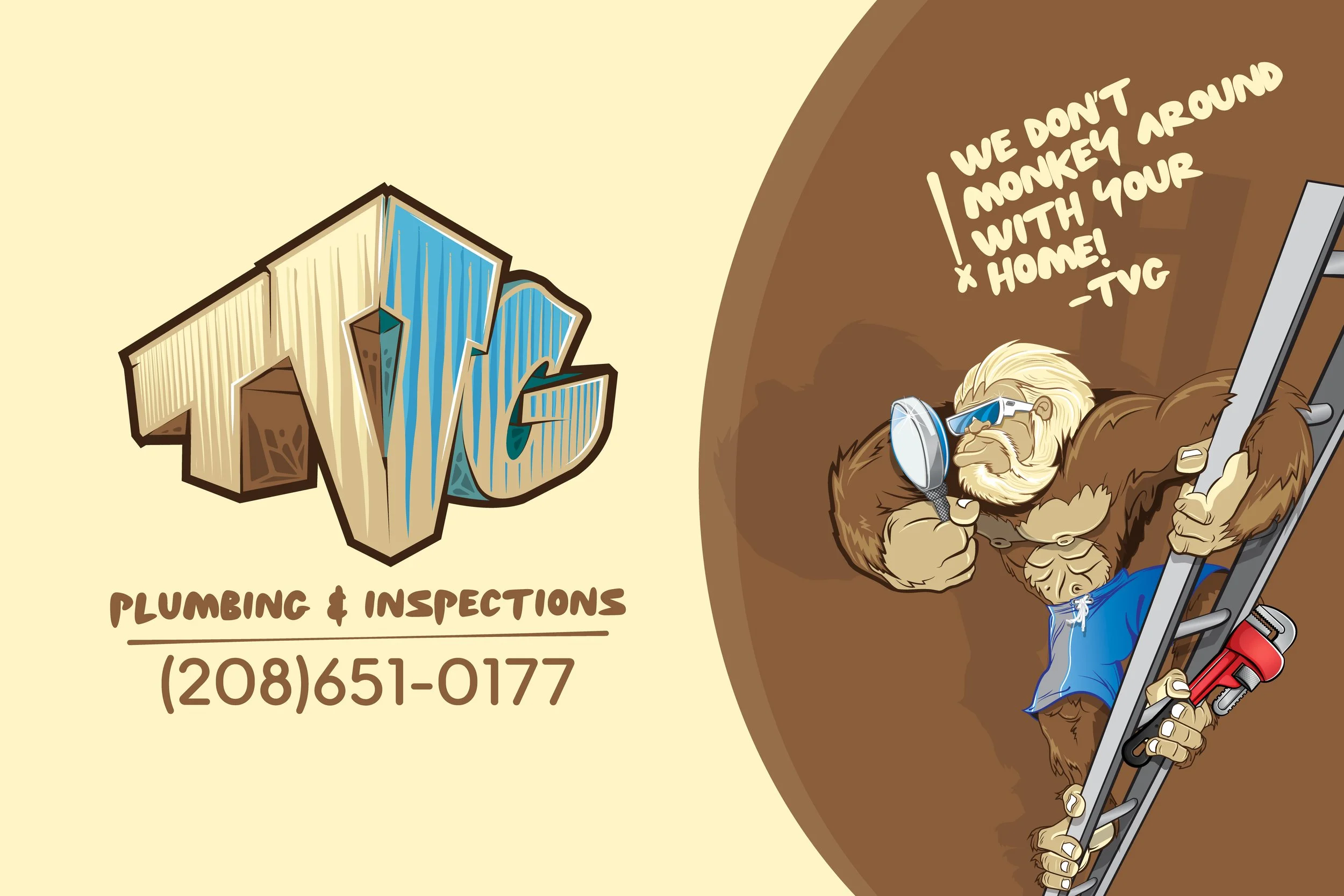 a digital graphic design promoting TVG Plumbing & Inspections, featuring his logo, Sasquatch mascot and slogan