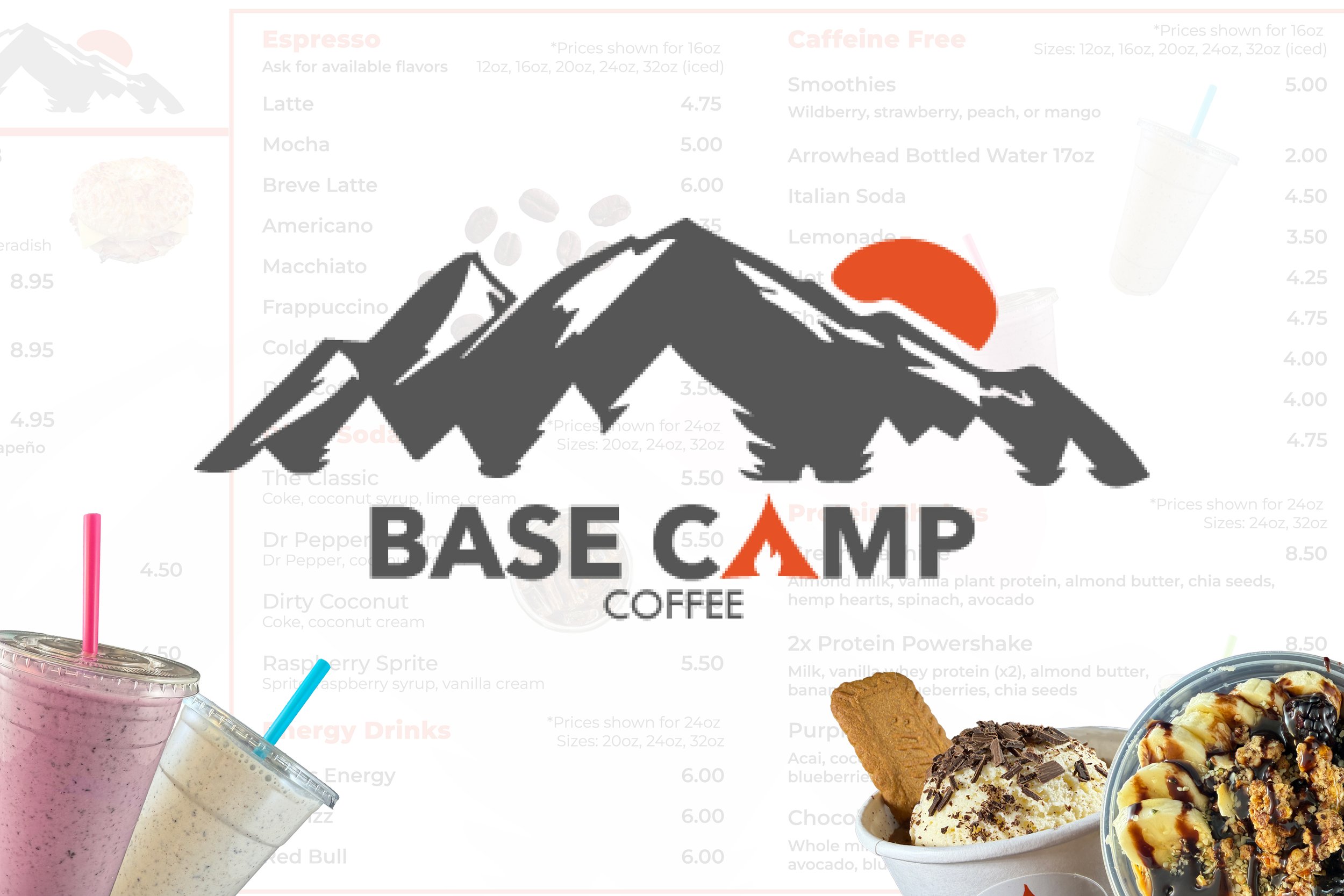 A digital graphic design promoting Base Camp Coffee, featuring their logo and photos of their actual food options