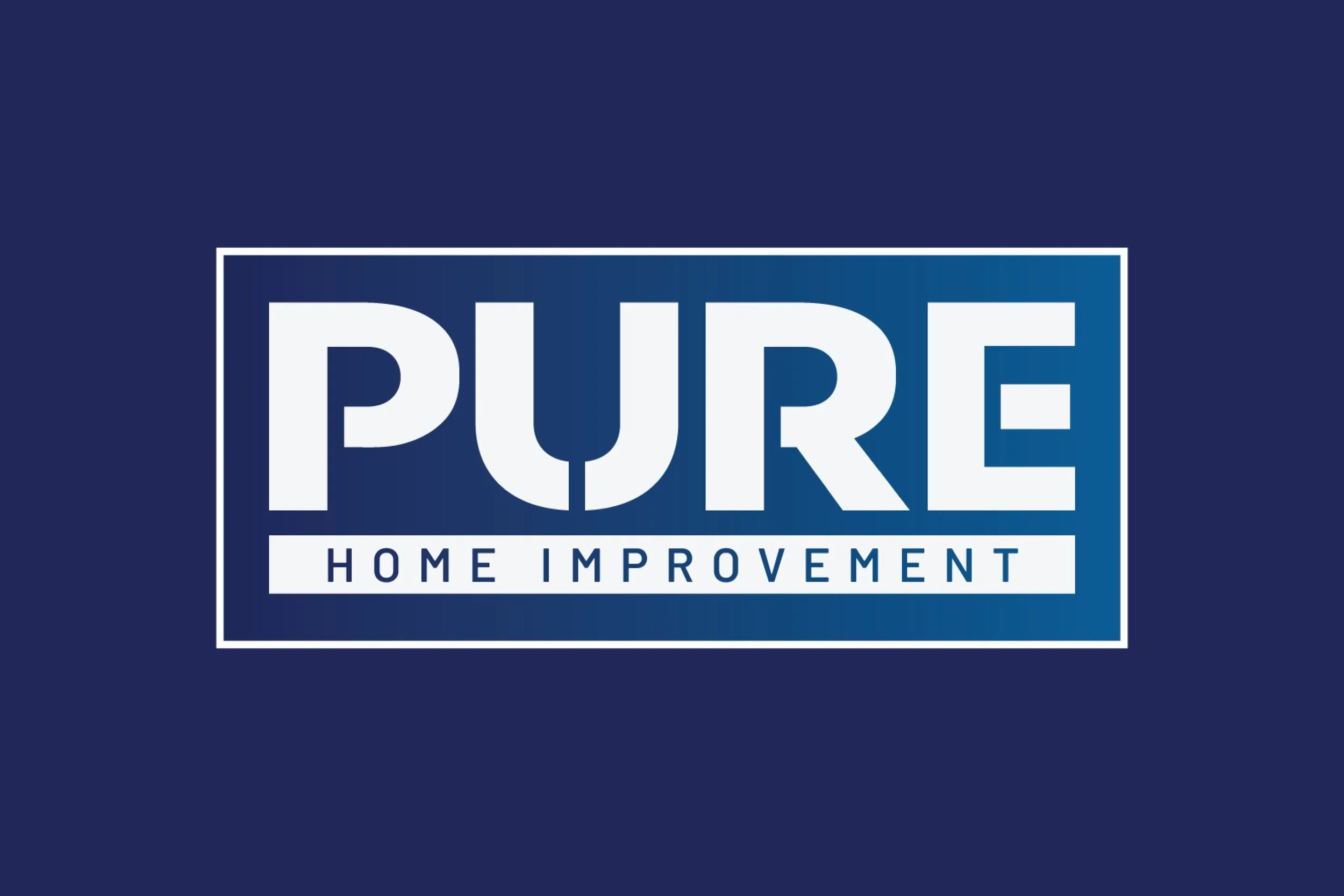 Logo with the word 'PURE' in large white letters within a blue rectangle, and 'HOME IMPROVEMENT' written below in smaller white letters.