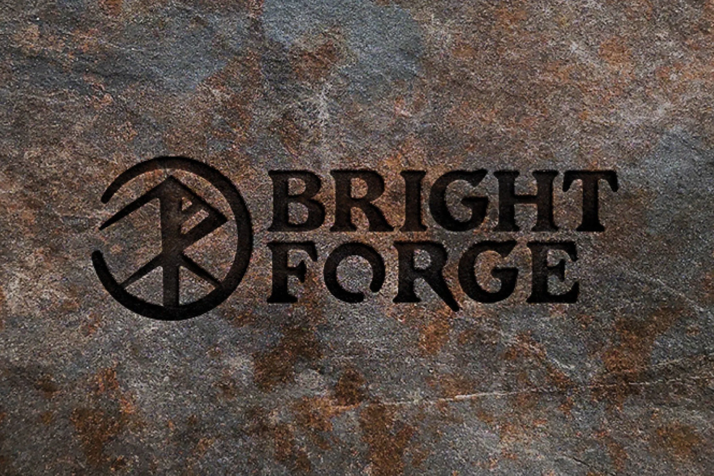 Stamped metal surface with the Bright Forge logo