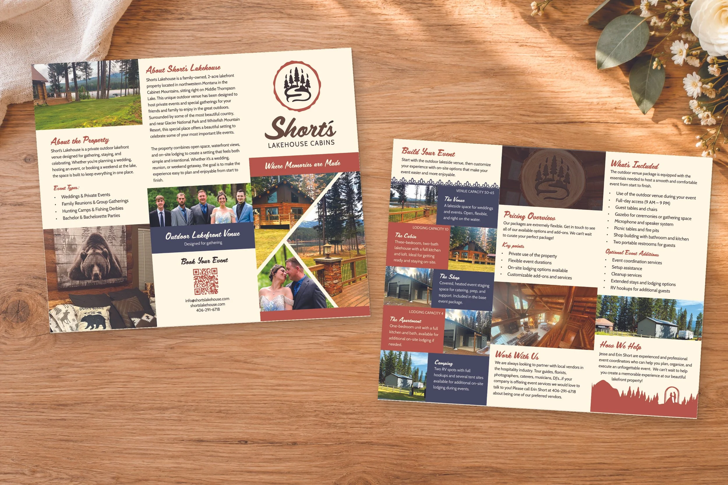 Brochures for Short's Lakehouse Cabins placed on a wooden surface, with decorative flowers and fabric nearby.