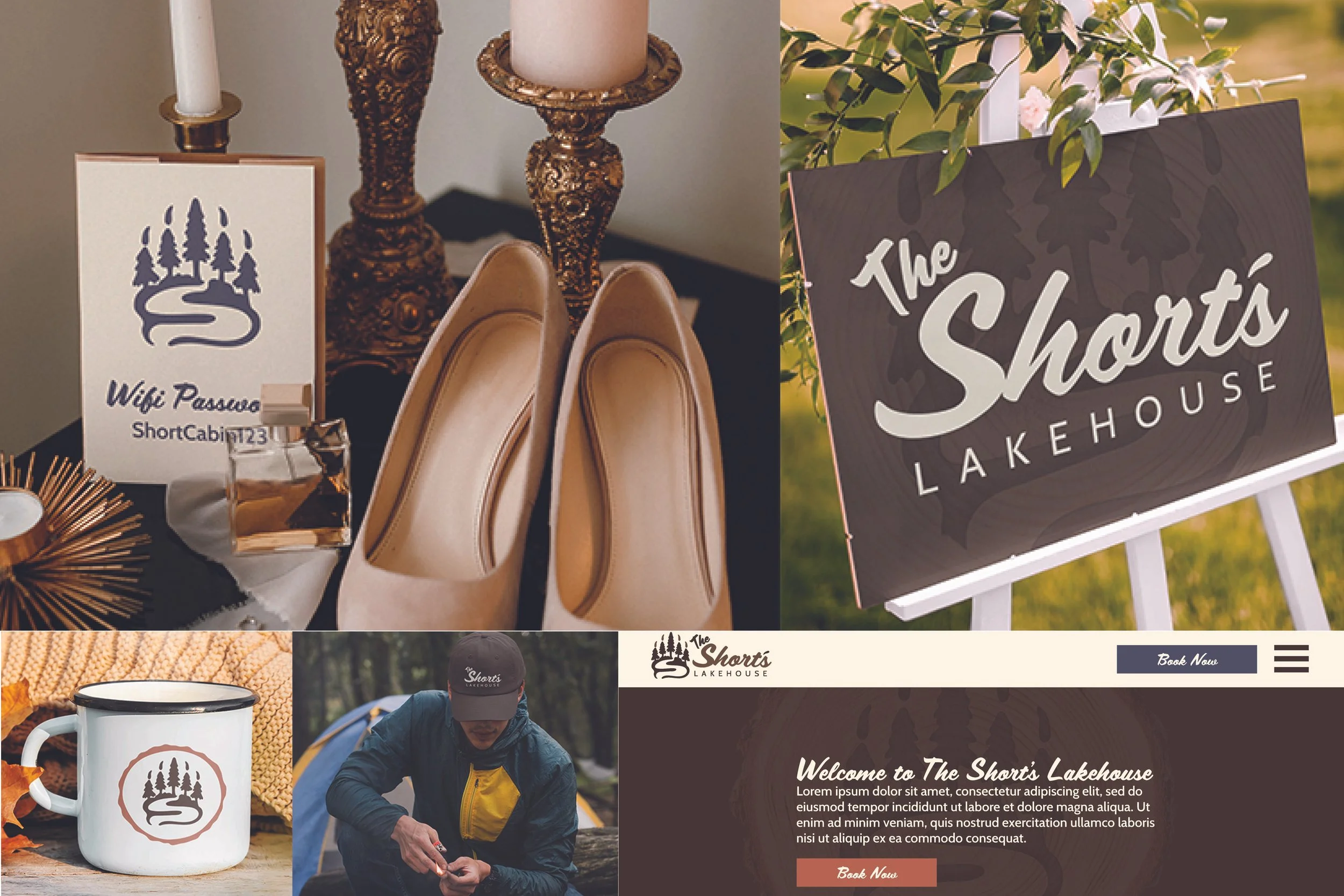 A collage featuring outdoor and indoor scenes promoting The Short's Lakehouse. It includes a sign with the lakehouse logo, a pair of beige shoes, candles, a mug with logo, a person in outdoor gear, and a sign reading "The Short's Lakehouse" and "Welcome to The Short's Lakehouse" with understandable placeholder text.