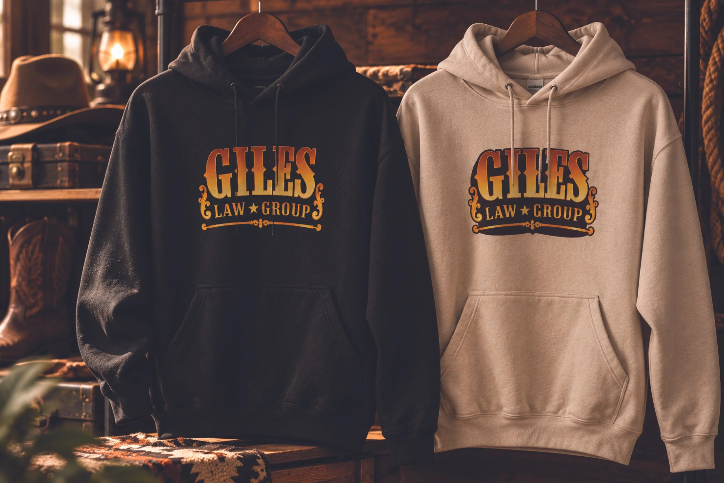 Two hooded sweatshirts, one black and one beige, hanging on wooden hangers with a logo that reads 'GILES LAW GROUP' in bold, colorful letters, displayed in a rustic clothing store setting.