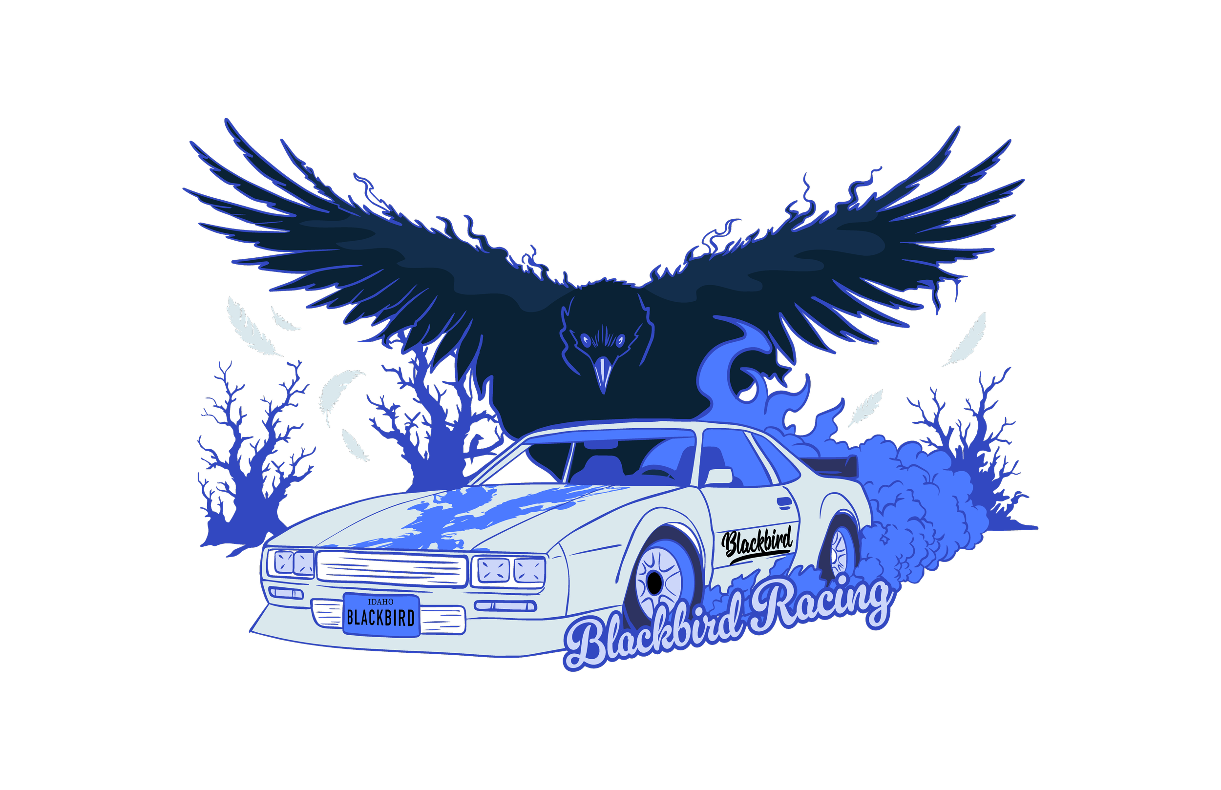 A blue and white sports car with a large blackbird illustration on top. The car has an Idaho license plate reading 'BLACKBIRD' and the words 'Blackbird Racing' on the side. There is a large blackbird with outstretched wings flying above the car, surrounded by white feathers and stylized blue trees or bushes.