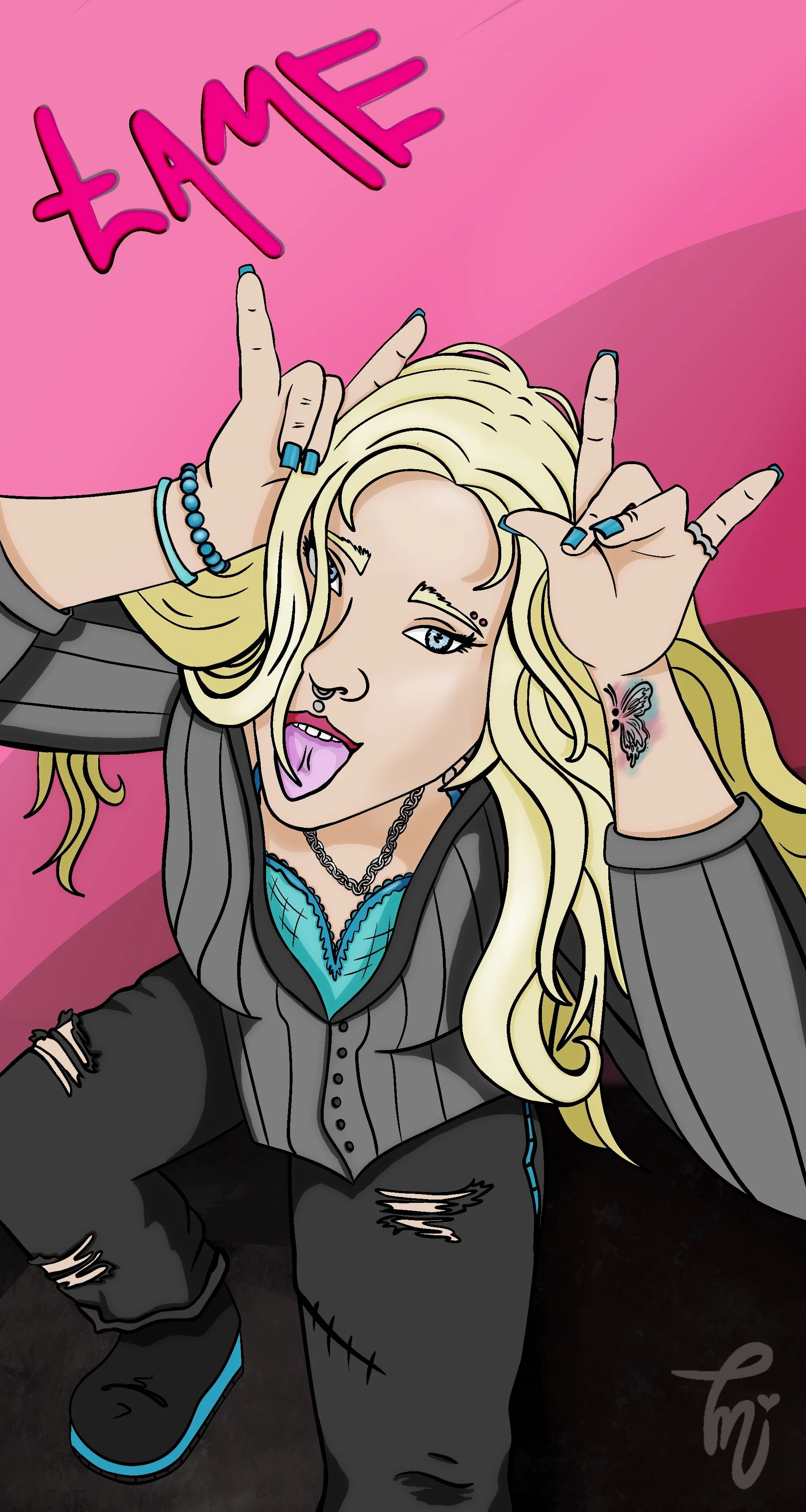 A woman with long blonde hair, blue eyes, and tattoos on her neck and wrist, making a rock and roll hand gesture, sticking out her tongue, and posing with a pink background and the word 'FAME' above her head.