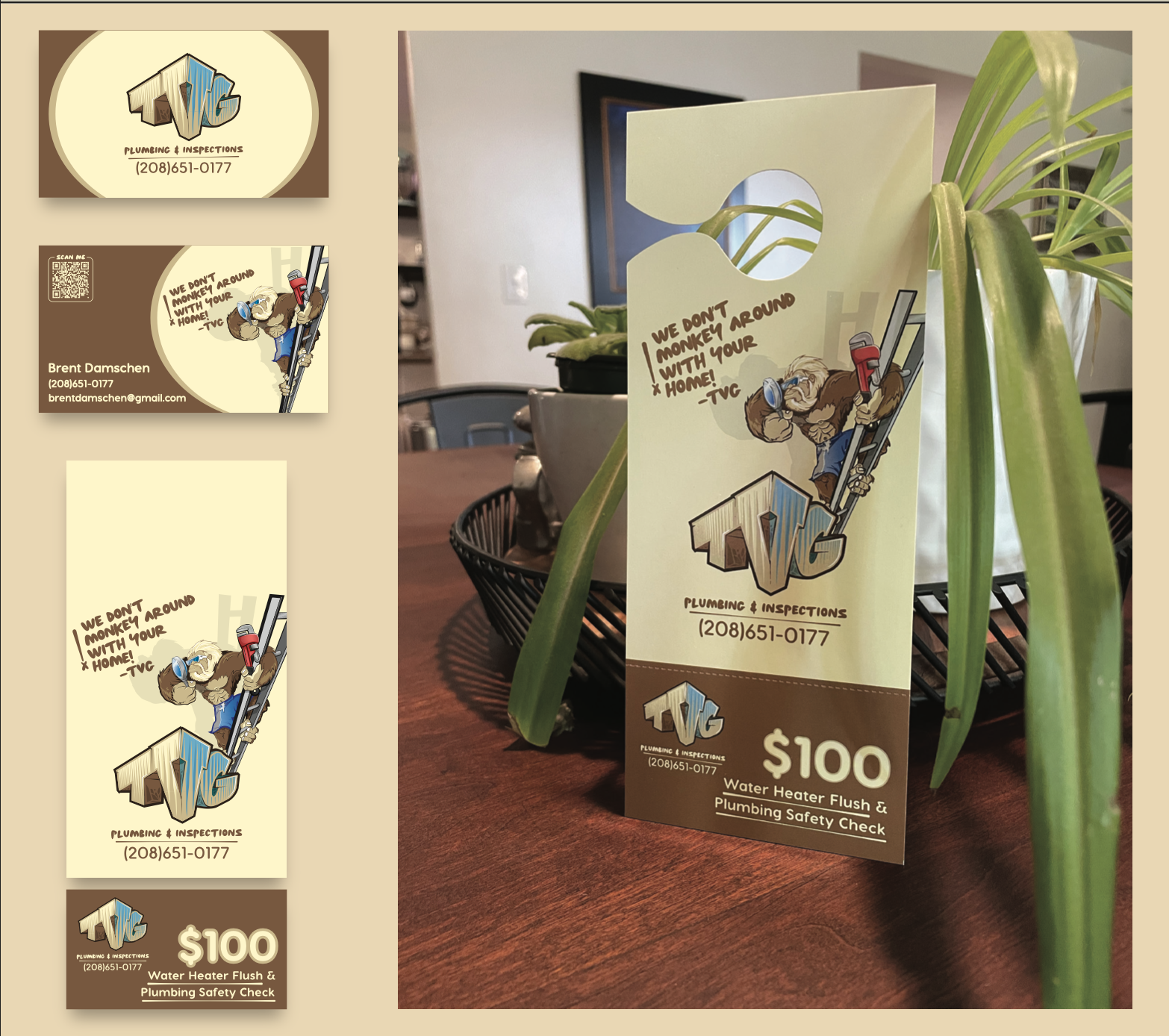 A promotional door hanger for TVG Plumbing & Inspections. The flyer features a cartoon gorilla with a tool, his slogan and other important information.