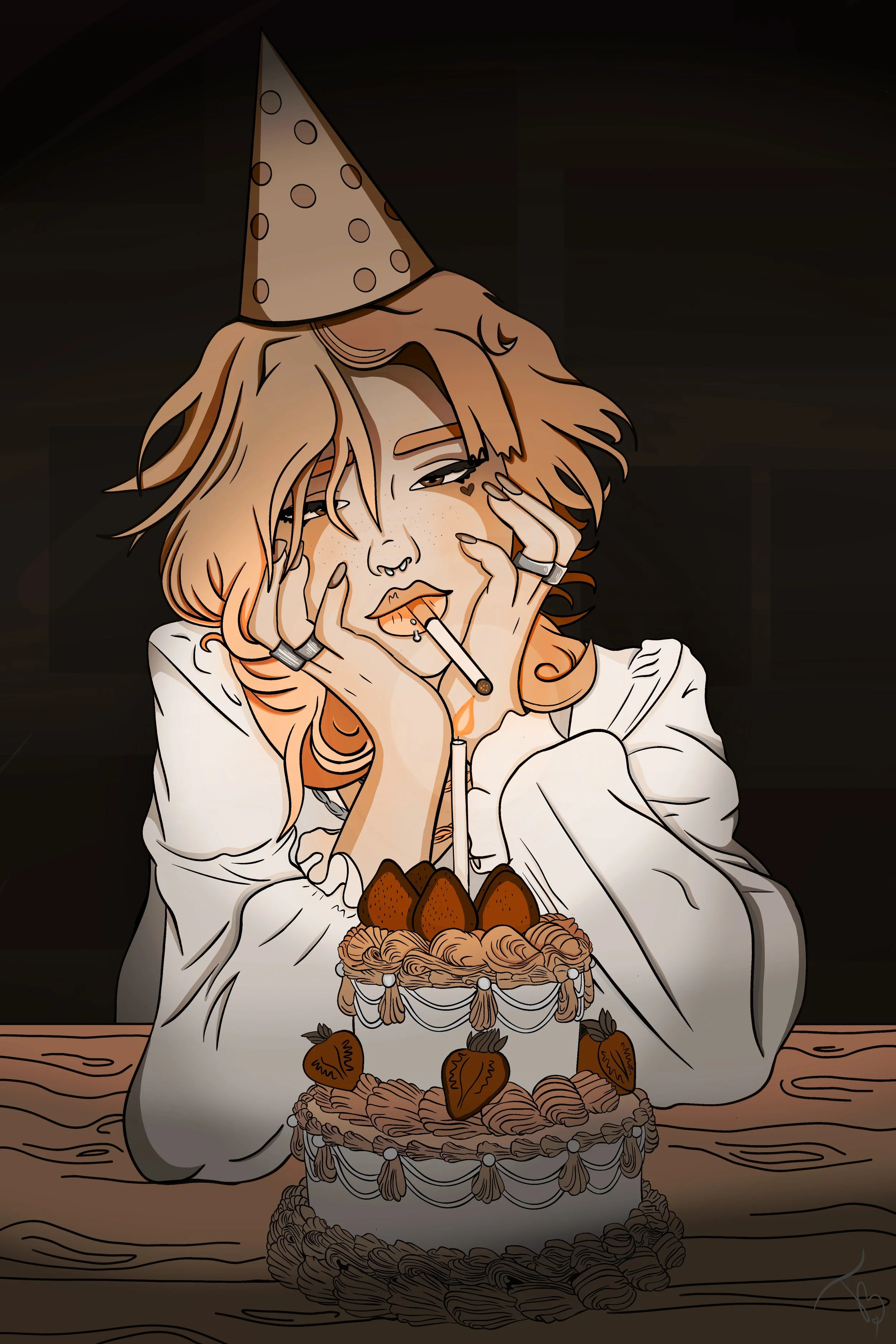Digital illustration of a person with light orange hair, wearing a birthday hat and celebrating with a chocolate cake topped with strawberries and decorated with swirls and chocolate pieces, in a cozy room with warm lighting.