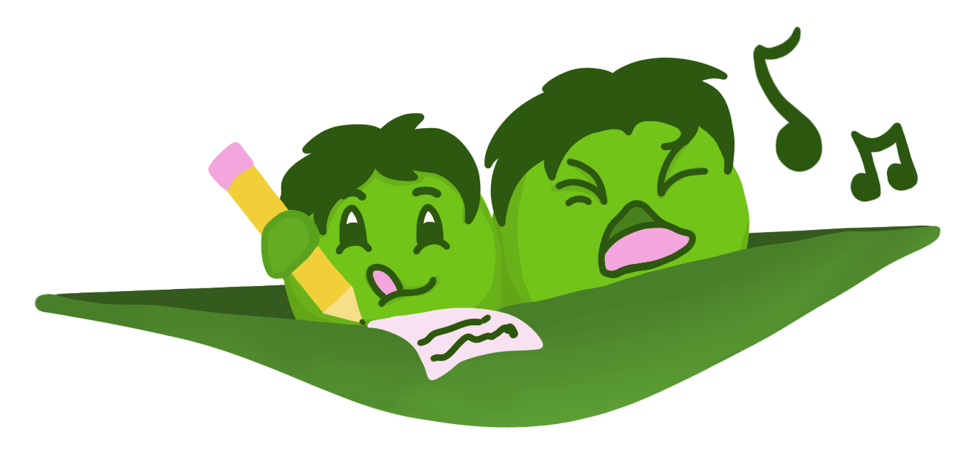 Two green cartoon peas with expressive faces resting on a green leaf, one holding a pencil, and a small piece of paper with lines on it.