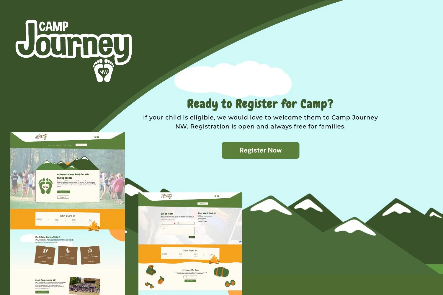 Web page promoting registration for Camp Journey NW, featuring a mountain and sky background, green and orange accents, and images of children at camp.