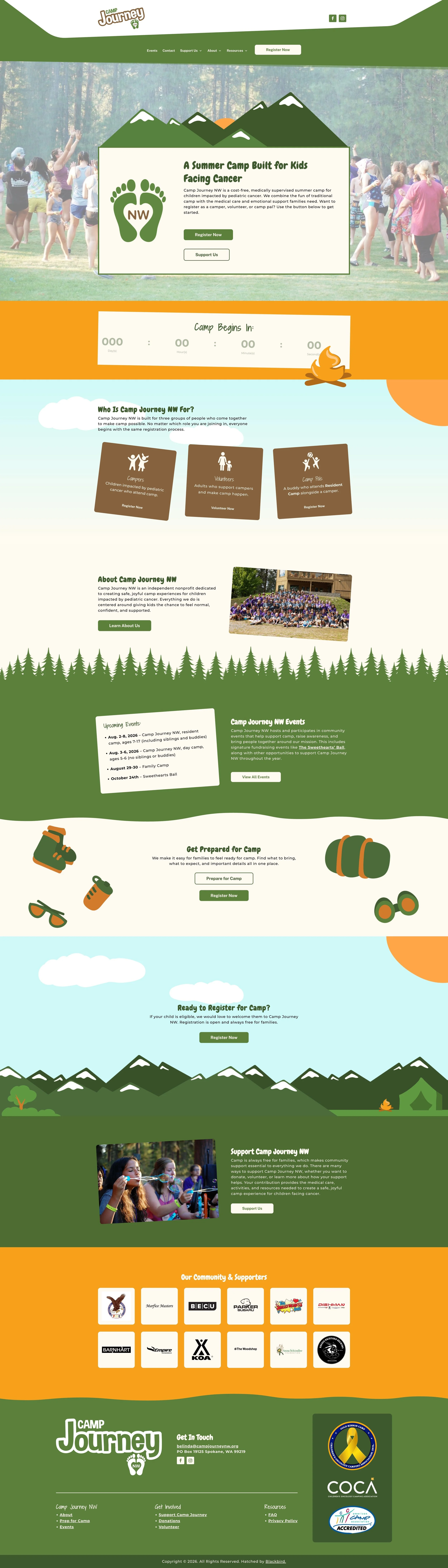 A colorful website for Camp Journey NW featuring a mountain and forest theme, promoting summer camp for kids facing cancer. The site includes registration info, event calendar, community supporters, and a photo of children at camp.