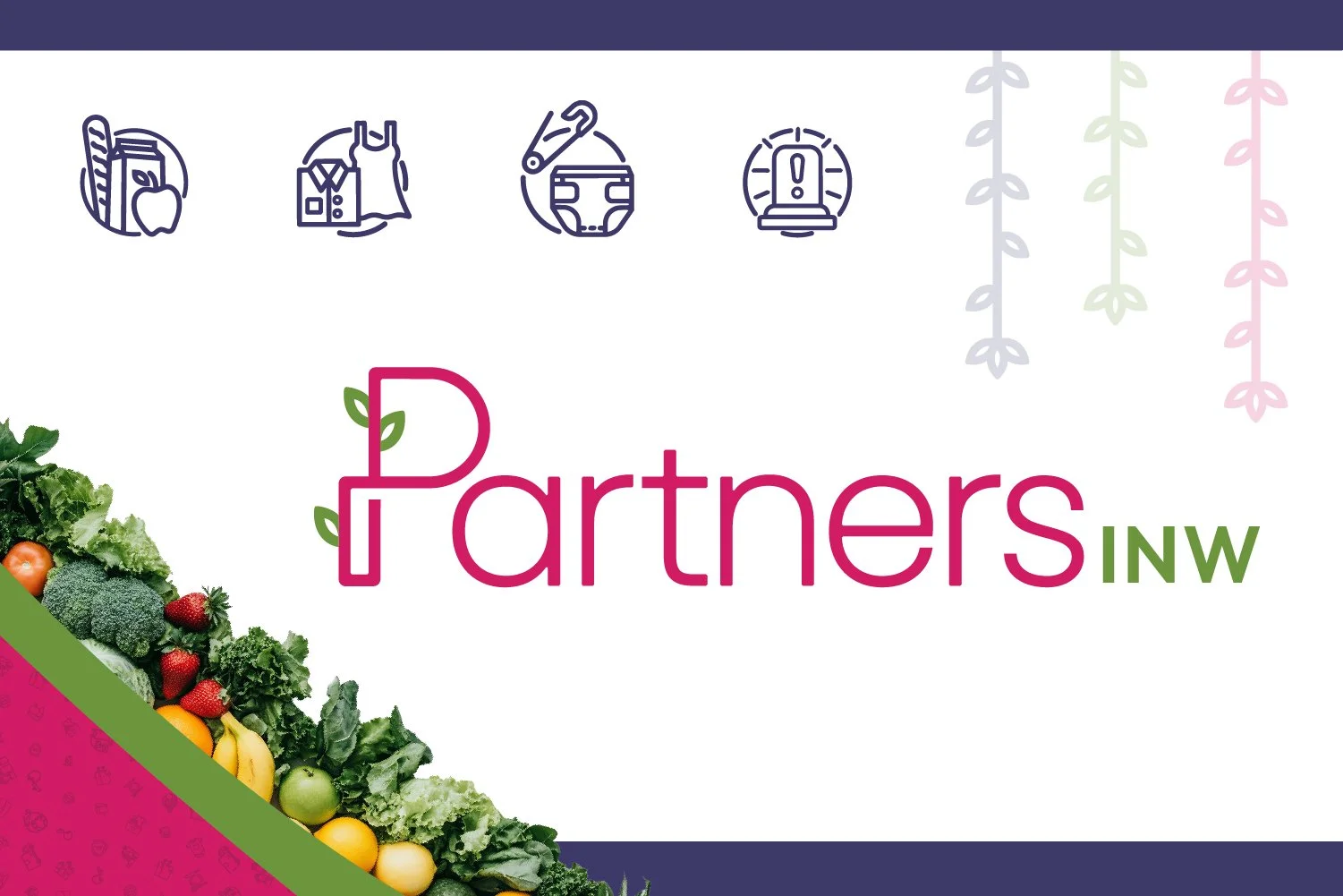 Logo for Partners INW with colorful vegetables in the corner and icons representing farming, clothing, diapers, and sustainability at the top.