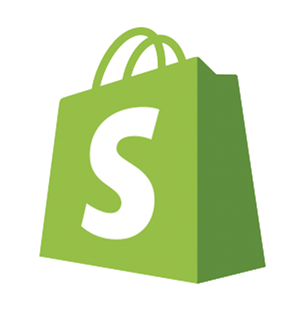 Green shopping bag with a white Shopify logo on it.