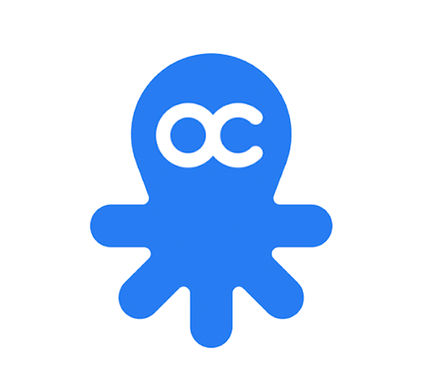 Blue octopus cartoon character with white letters 'oc' on its head.