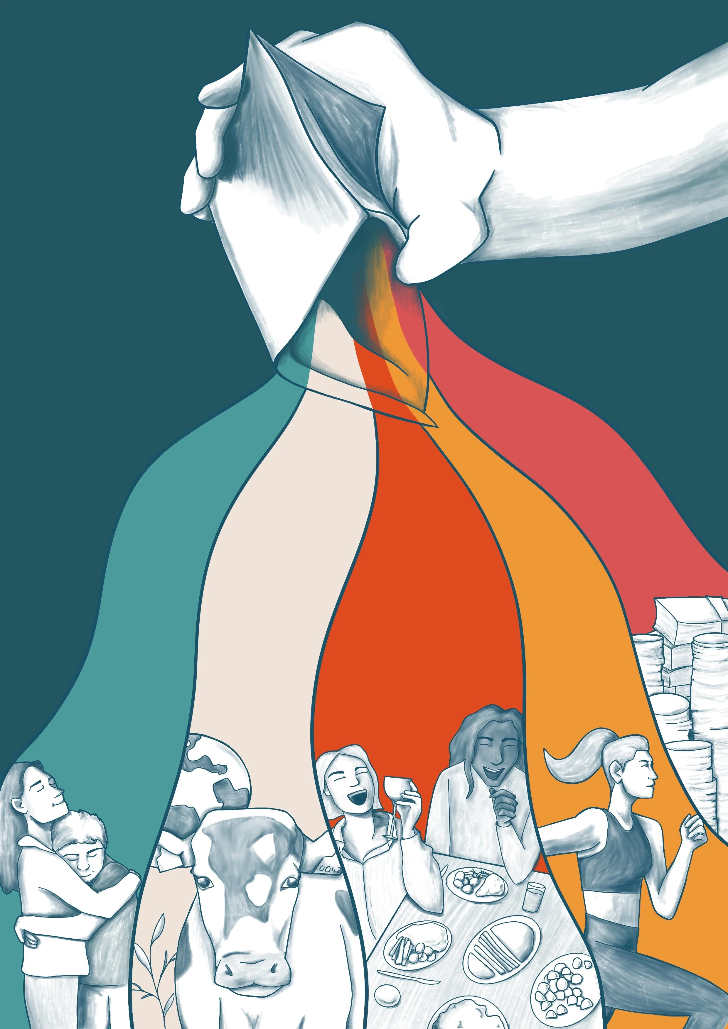 Illustration of a wallet with pouring out colours categorised into themes discussed in pamphlet, two people hugging for care, a cow for ethics, people laughing around a table for enjoyment, a person running for health and a pile of moneyy