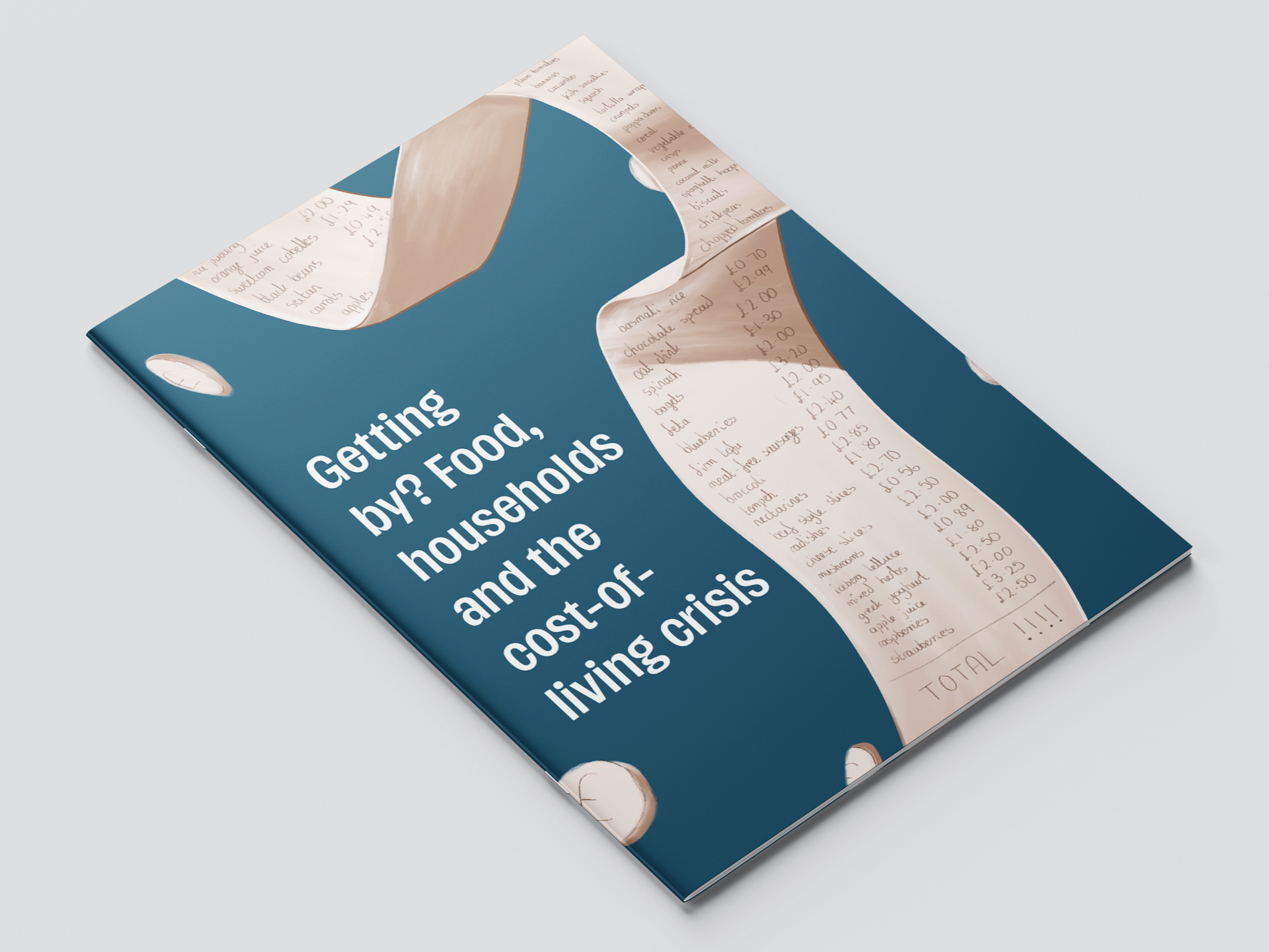 Mock up of A5 pamphlet with receipt listing lots of ingredients on cover