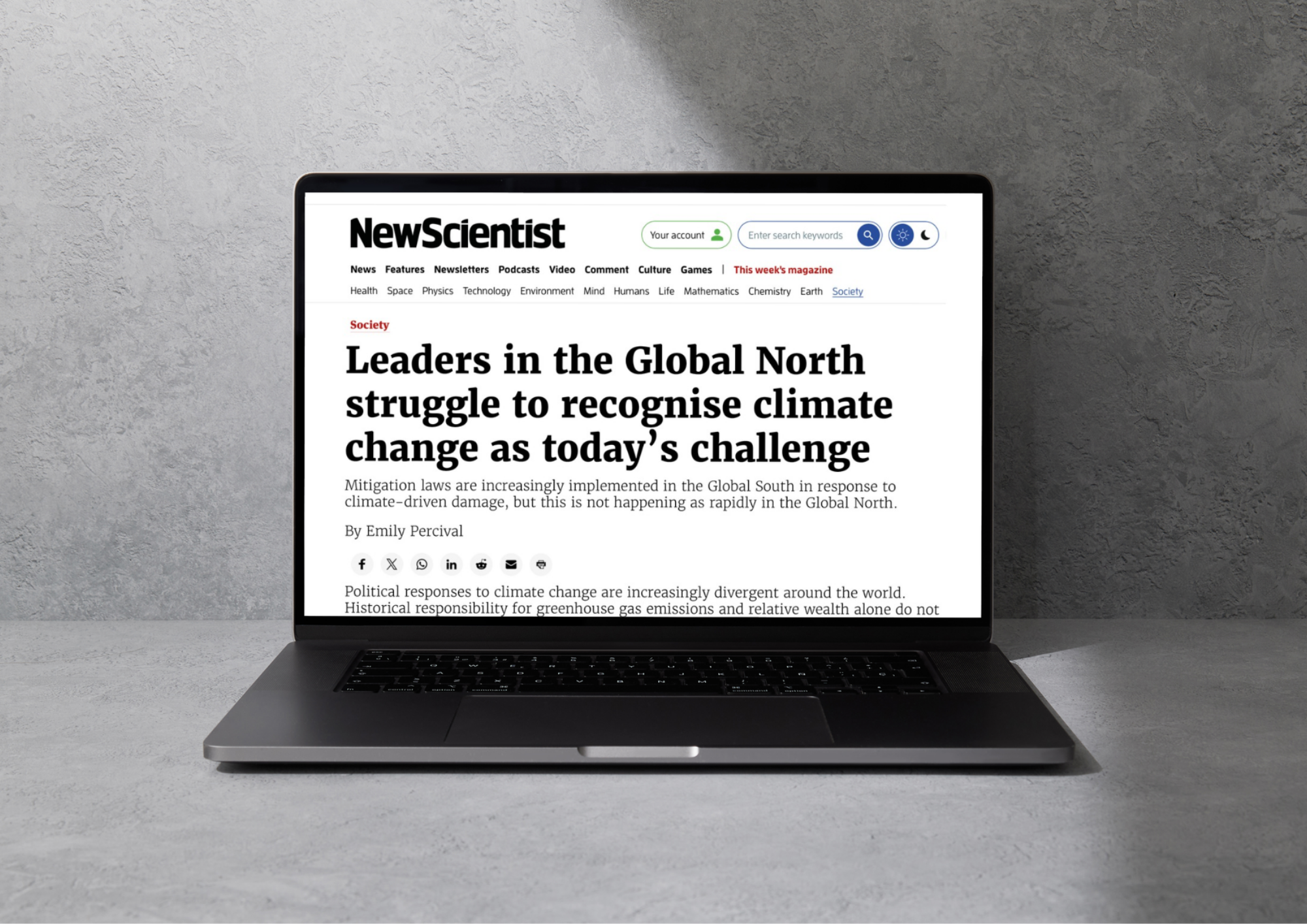 Mock up of New Scientist article titled: Leaders in the Global North struggle to recognise climate change as today's challenge