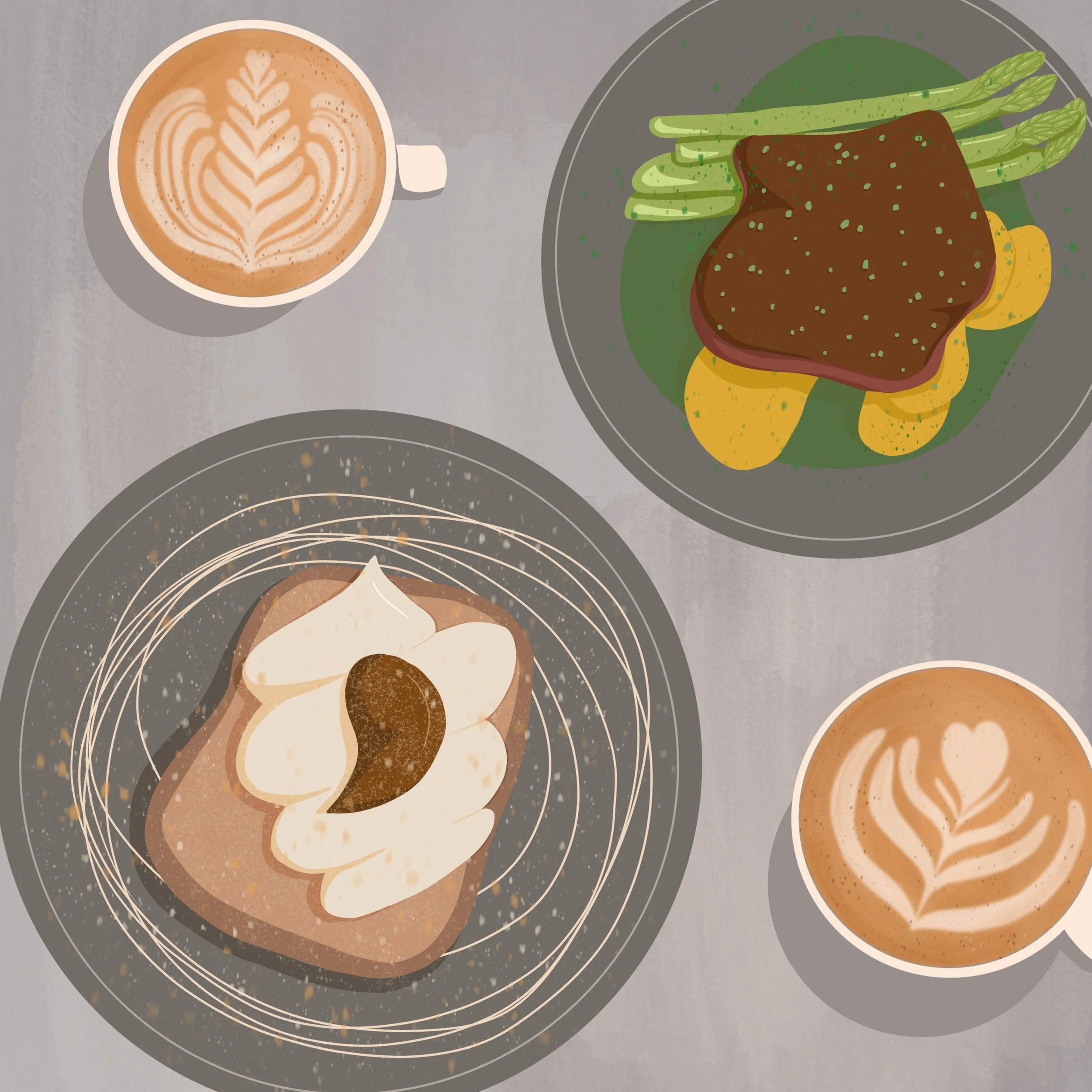 Tiramisu french toast, coffees and steak with veg