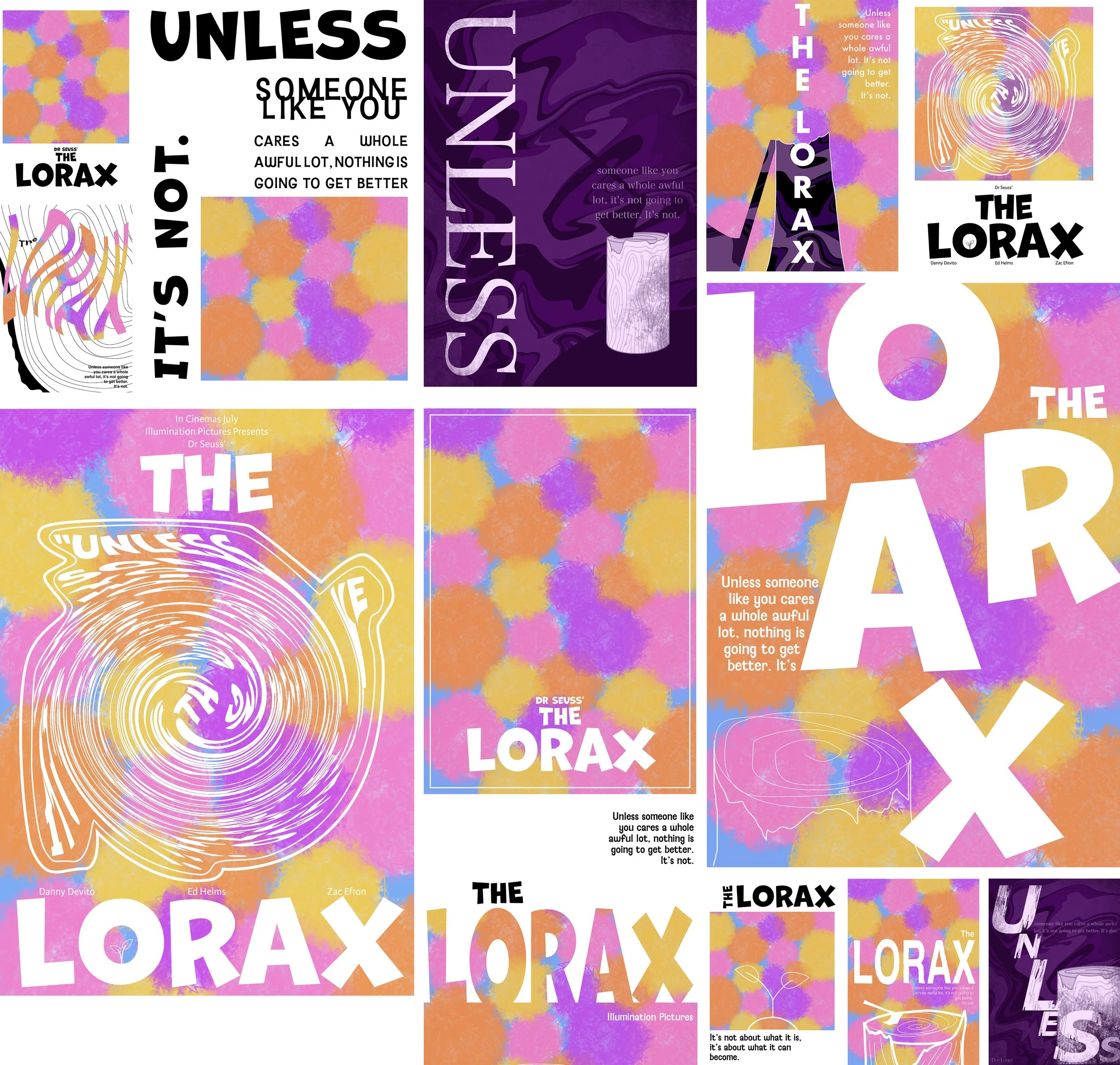 Collage of poster designs for the Lorax