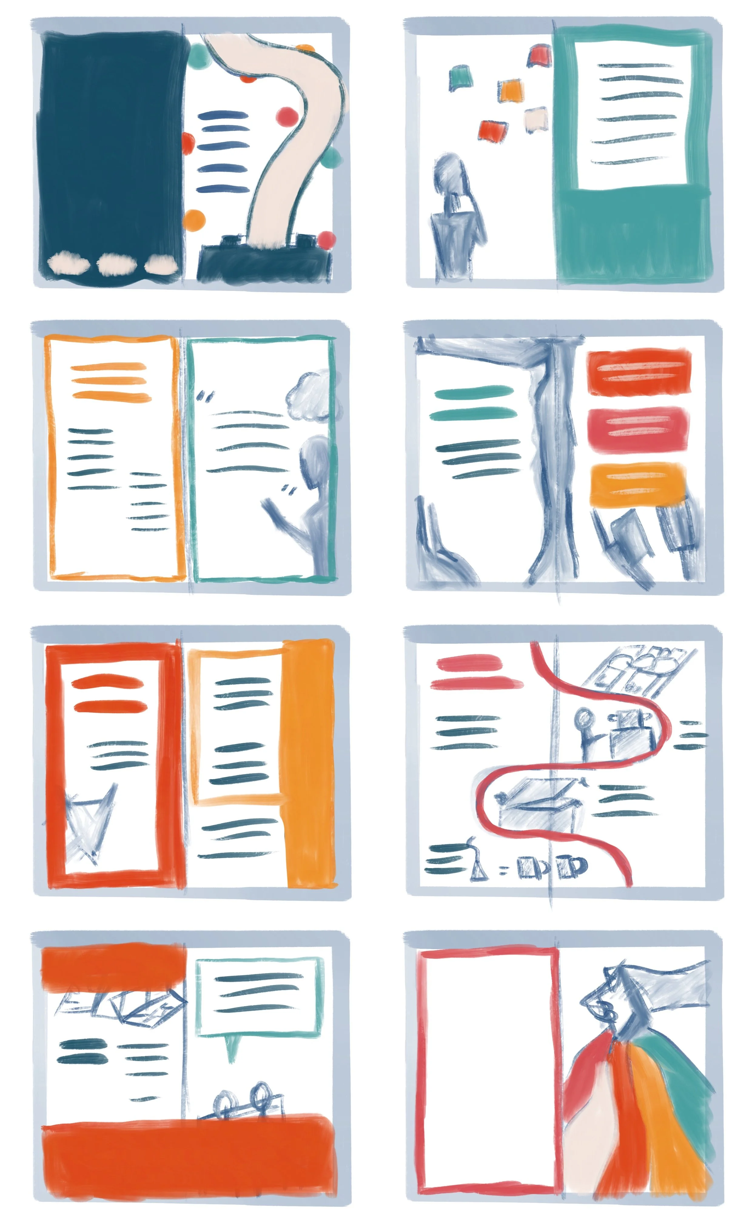 Rough sketches of each page spread to illustrate colour design