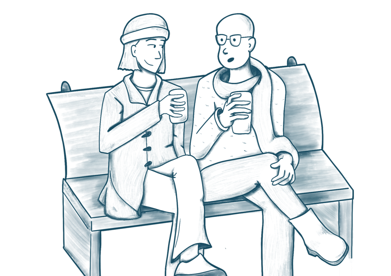 Illustration of two people sat on a bench with their own coffee flasks from home