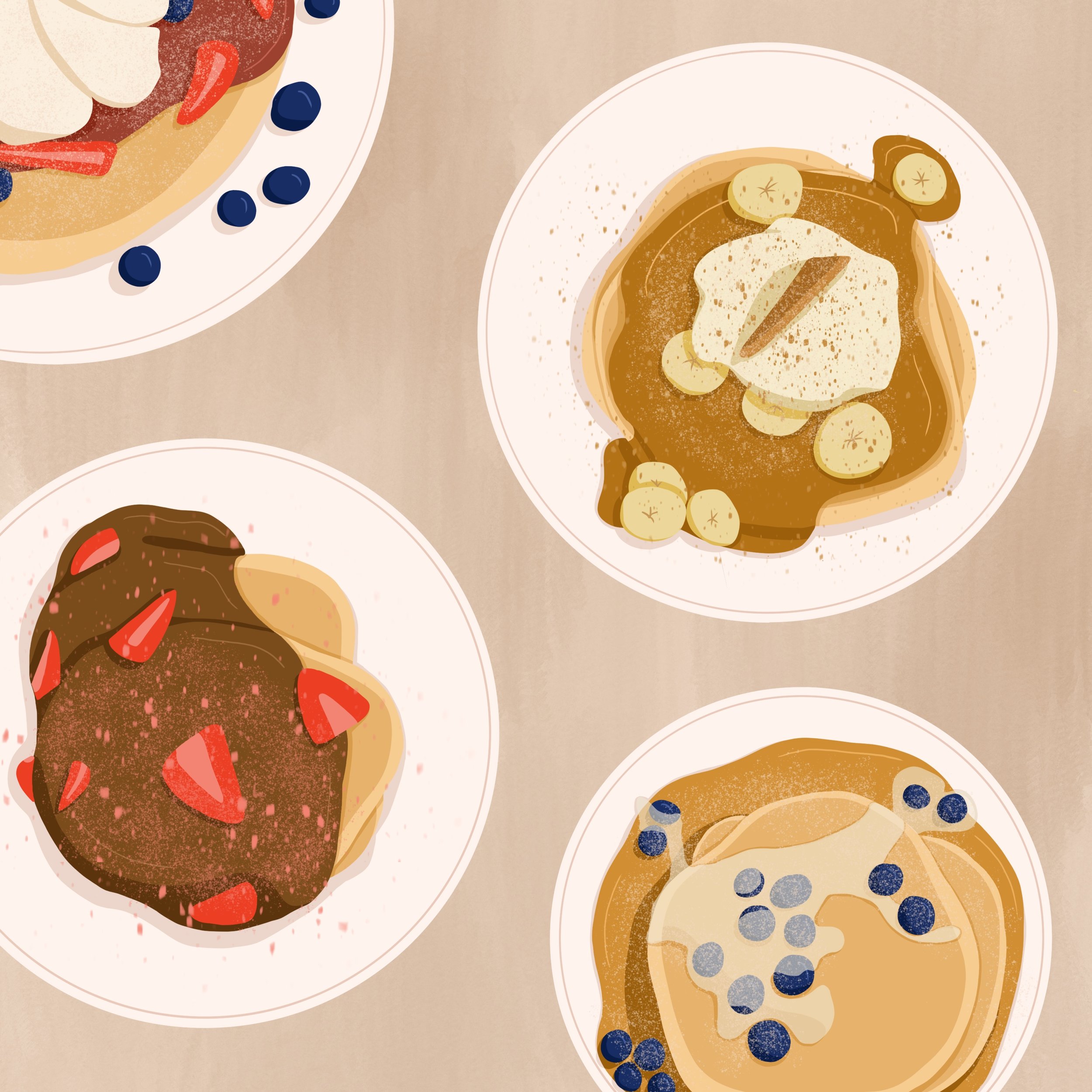 Illustration of 4 plates of loaded pancakes