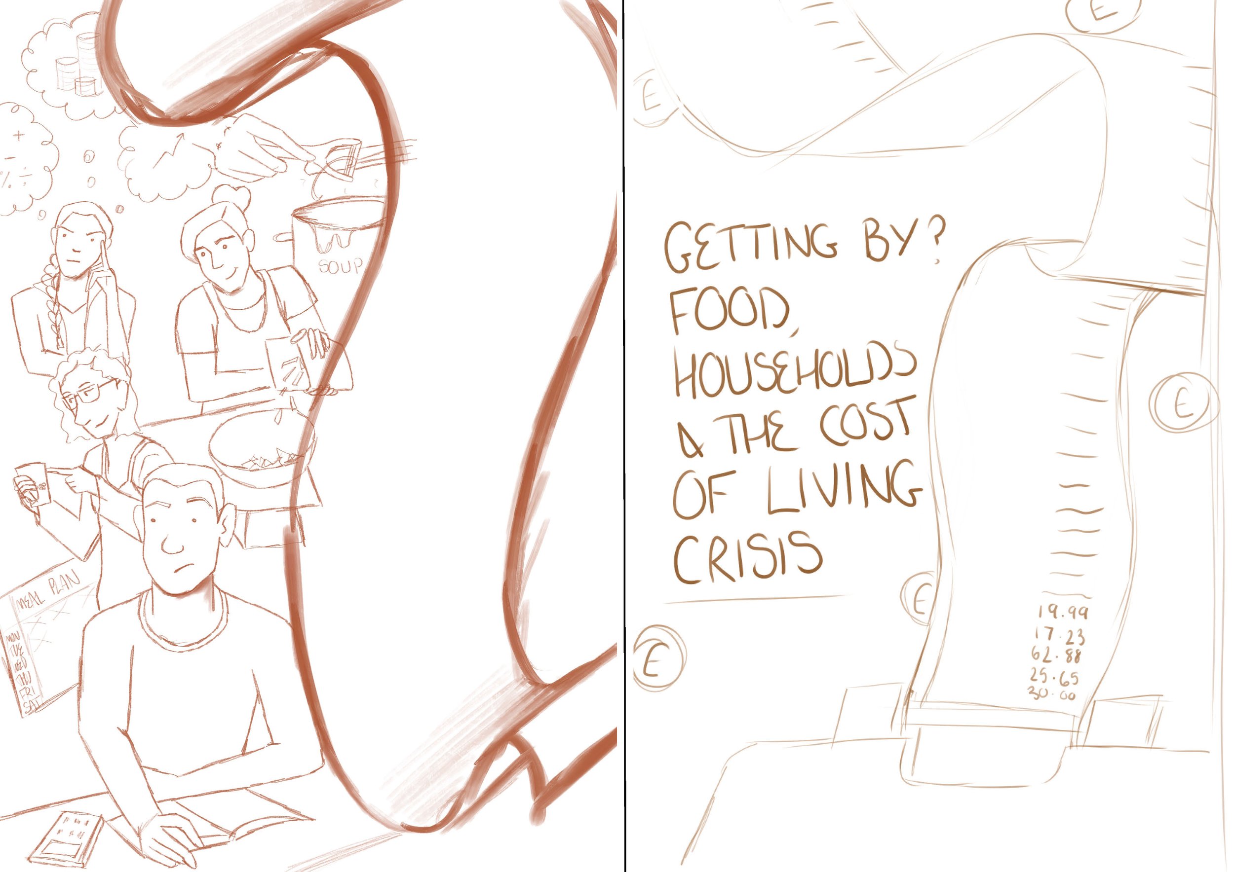 Two sketches showing alternative options for cover image, on left a receipt beside many individuals showing behaviours discussed inside pamphlet. On right a receipt only