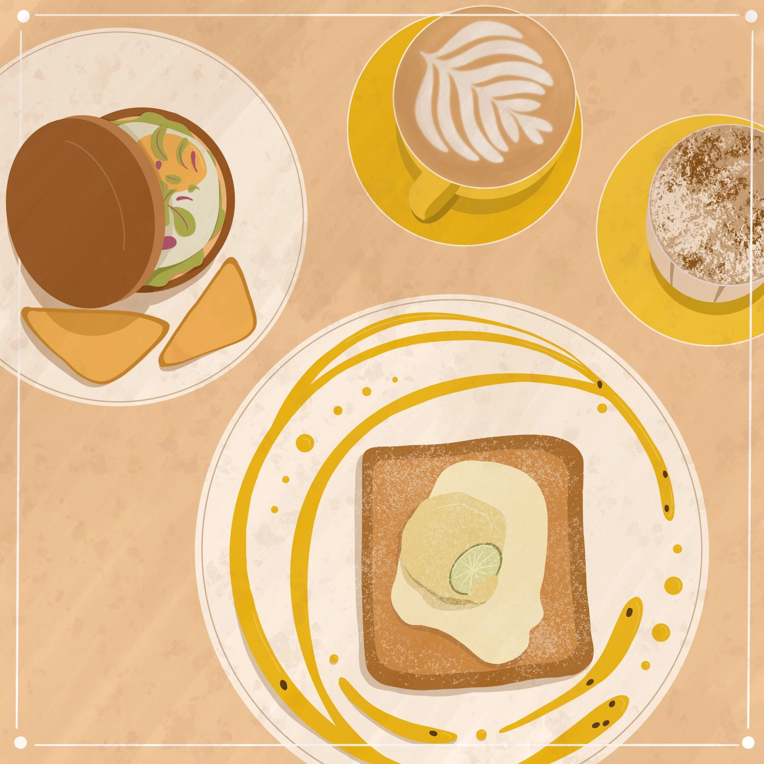 Passion fruit french toast, breakfast muffin and coffees