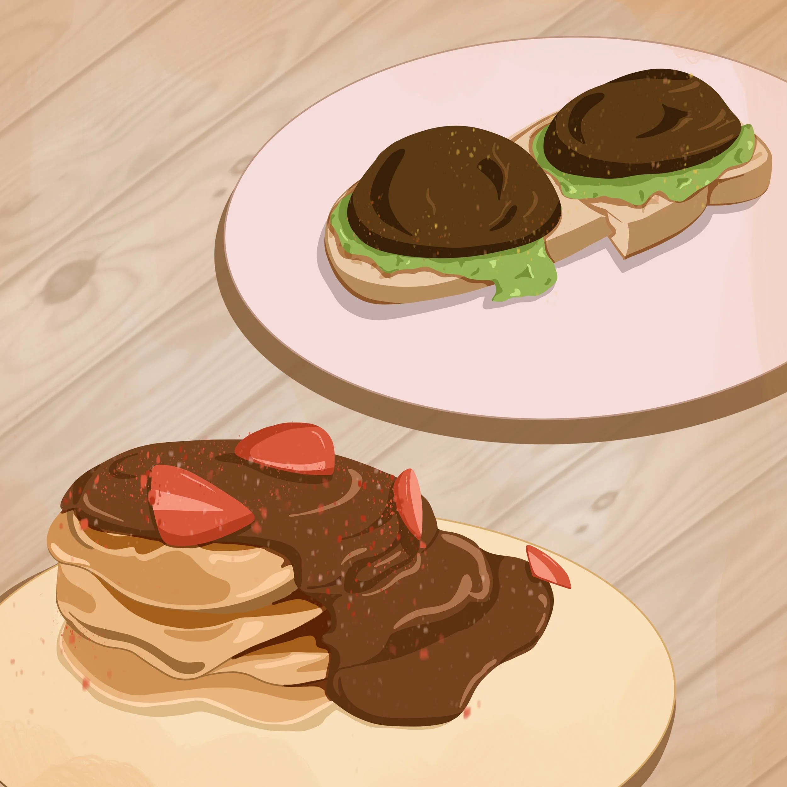 Chocolate and strawberry pancakes and mushroom avocado toast