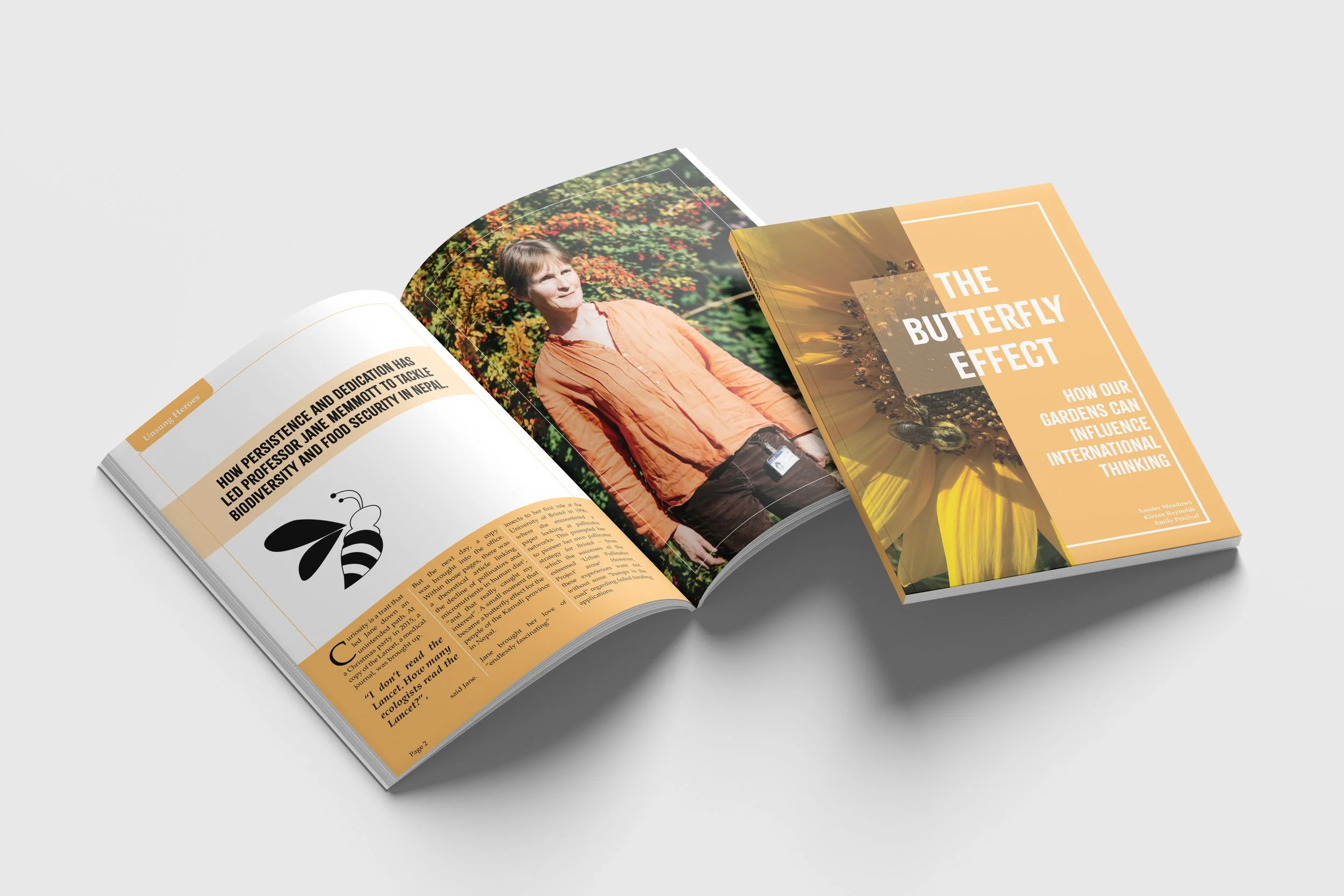 Mockup of magazine article with front cover and sample interior spread