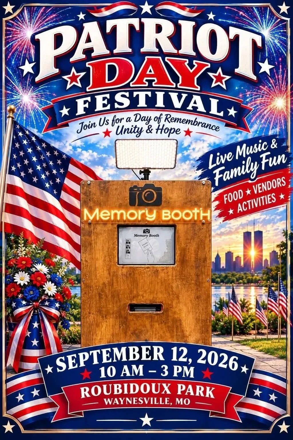 Poster for Patriot Day Festival on September 12, 2026, at Roubidoux Park in Waynesville, Missouri. The poster features a patriotic theme with American flags, fireworks, and a skyline at sunset. It mentions live music, family fun, food, vendors, and activities, with a photo booth for memory captures.