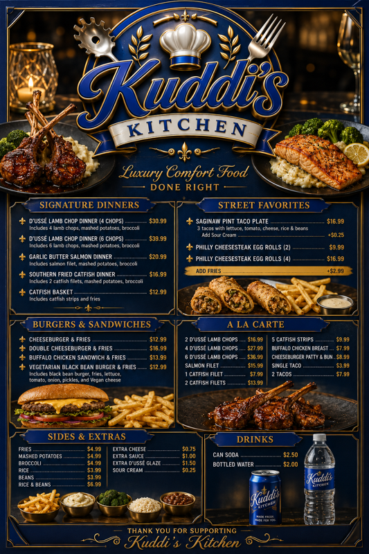 Menu board for Kuddi's Kitchen with sections for signature dinners, street favorites, burgers & sandwiches, a la carte, sides & extras, drinks, and a thank you message at the bottom. Food images include lamb chops, salmon, chicken, fries, and catfish.
