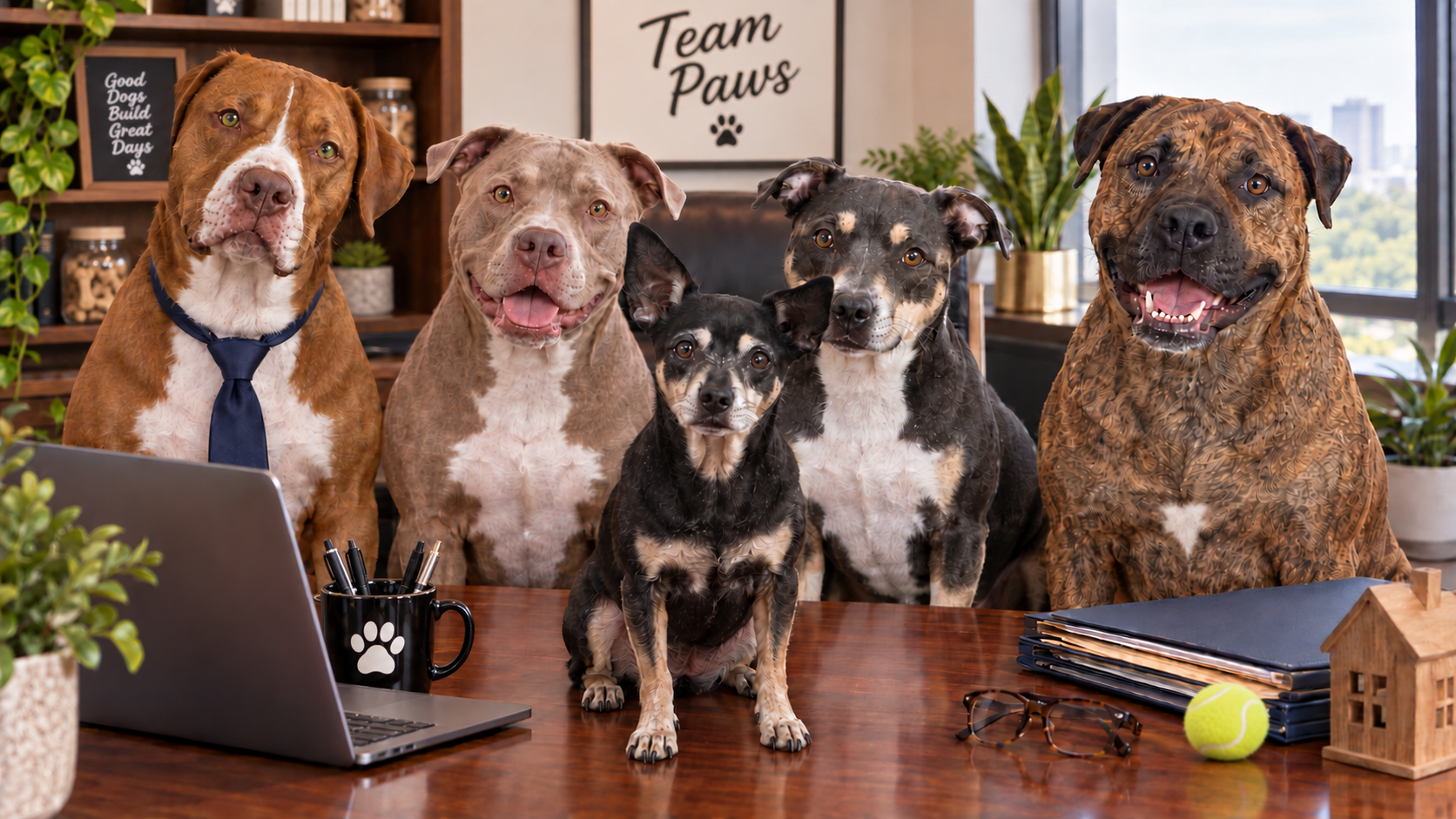 Dogs gathered around an office table beneath a “Team Paws” sign.