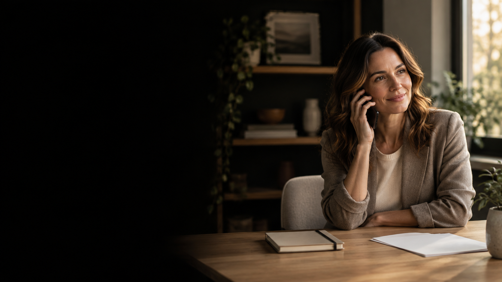 Woman speaking on a cellphone while seated at a desk.