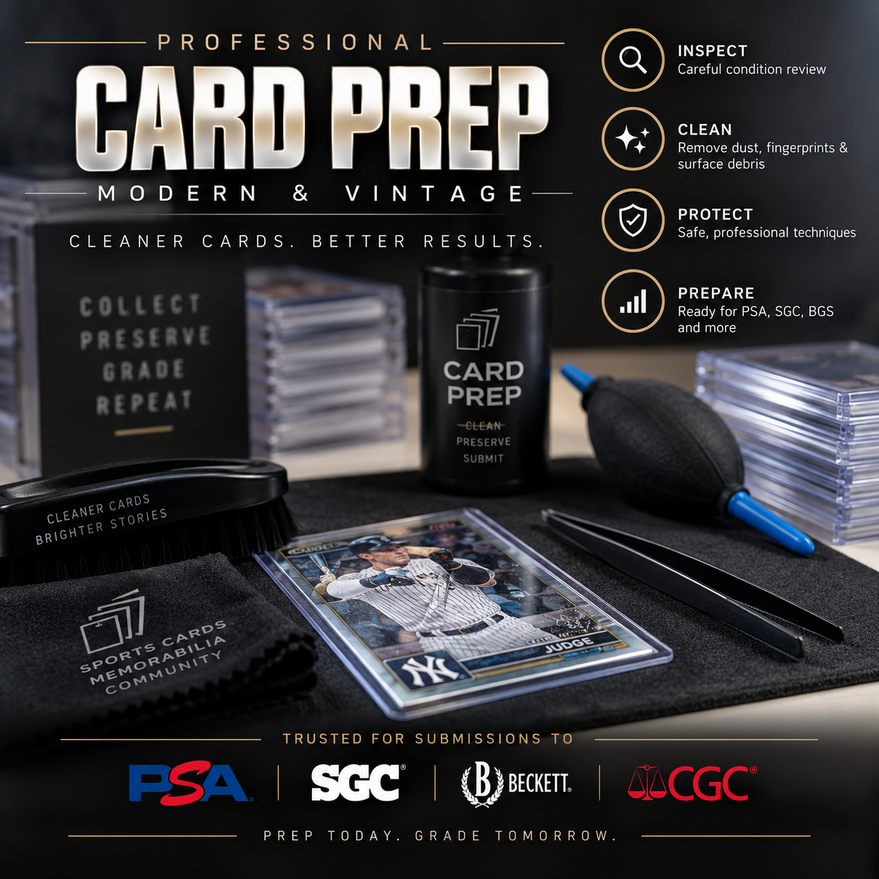 A display of professional card preparation tools and materials, including trading cards, a brush, a spray bottle labeled 'Card Prep', tweezers, and stacks of card cases. The image promotes cleaning, inspecting, protecting, and preparing cards for submissions to organizations such as PSA, SGC, Beckett, and CGC.