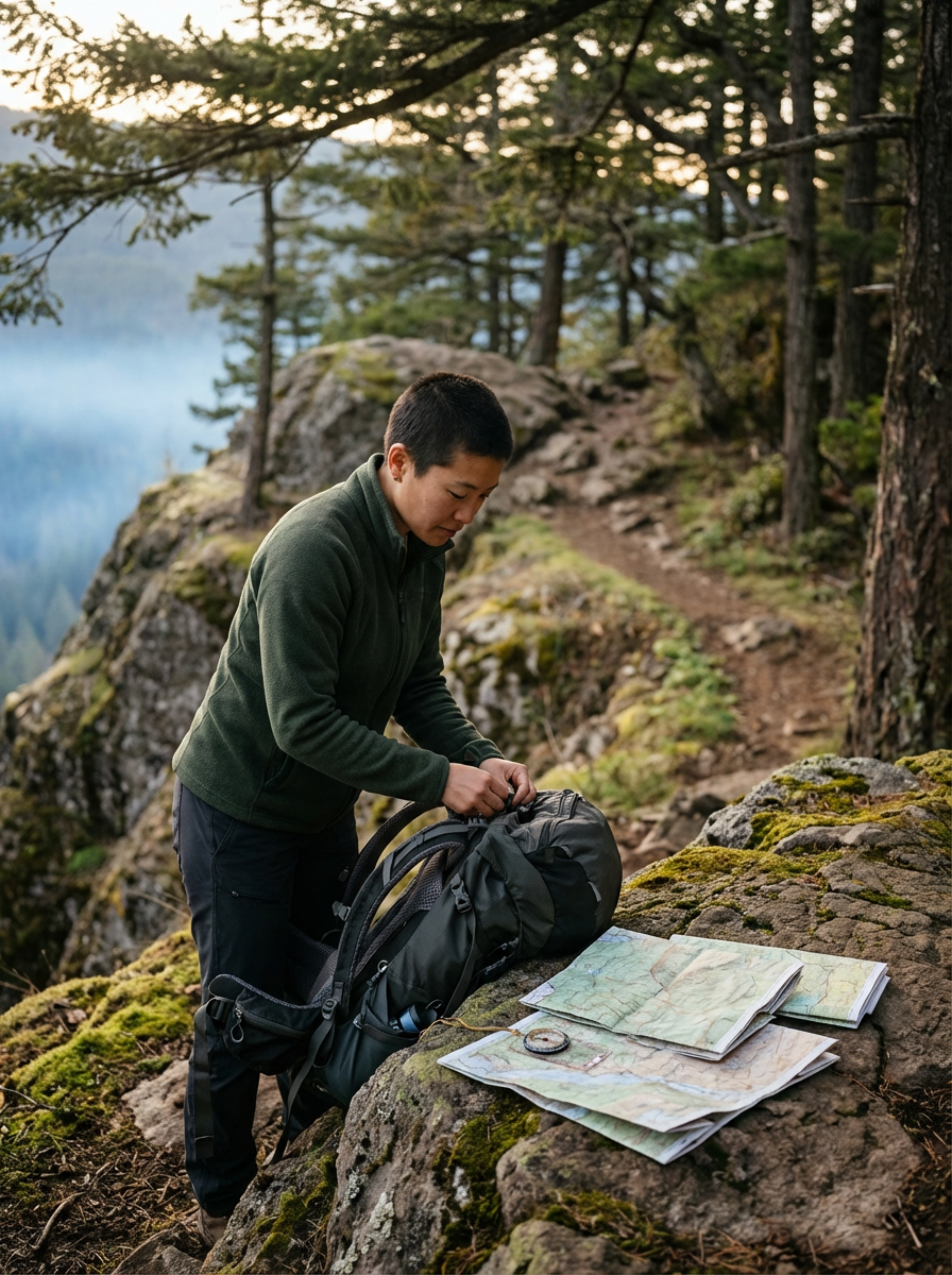 A person preparing for a hike in a forested area with maps on a large moss-covered rock.