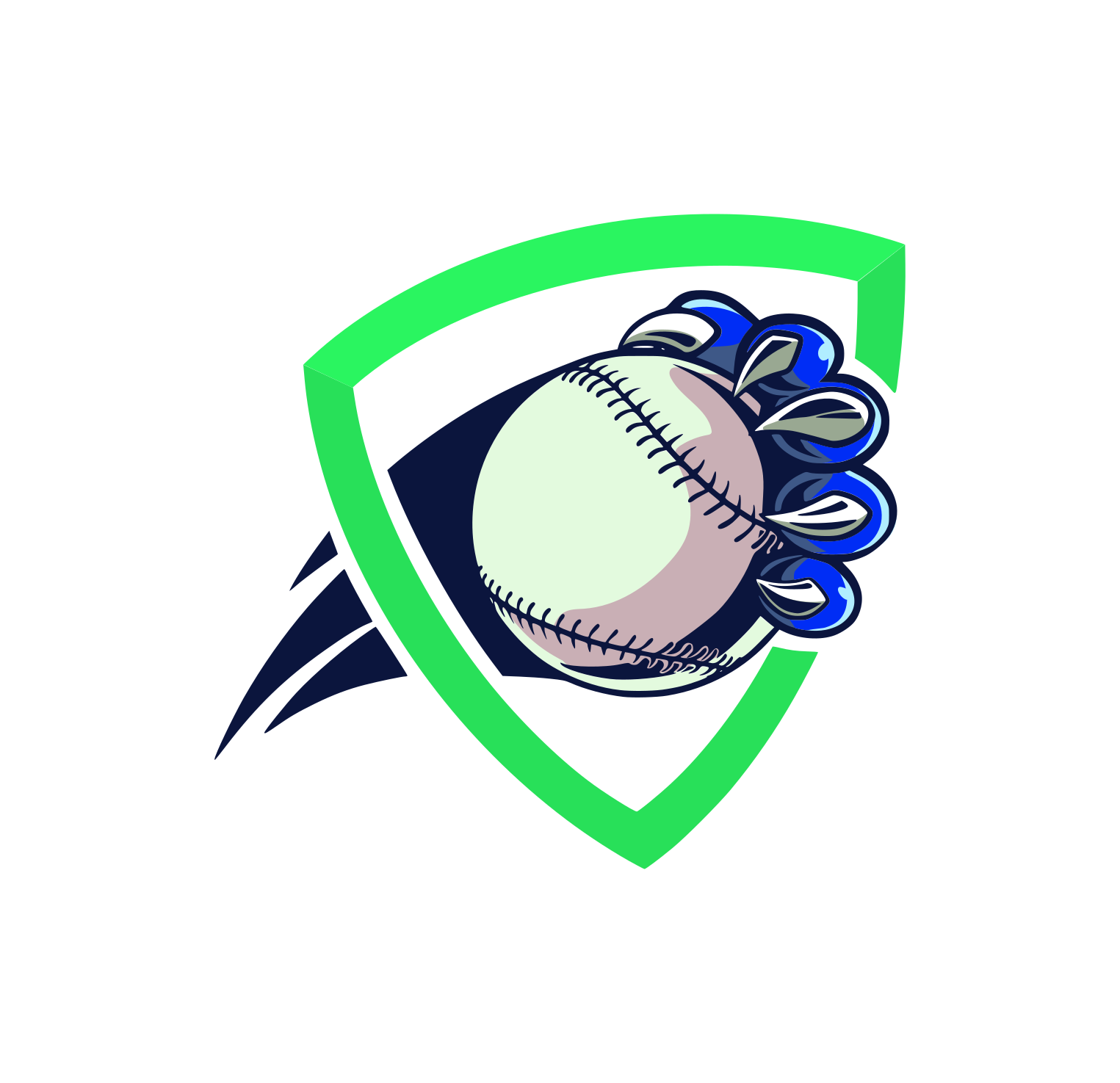 A logo of a baseball within a shield outline.