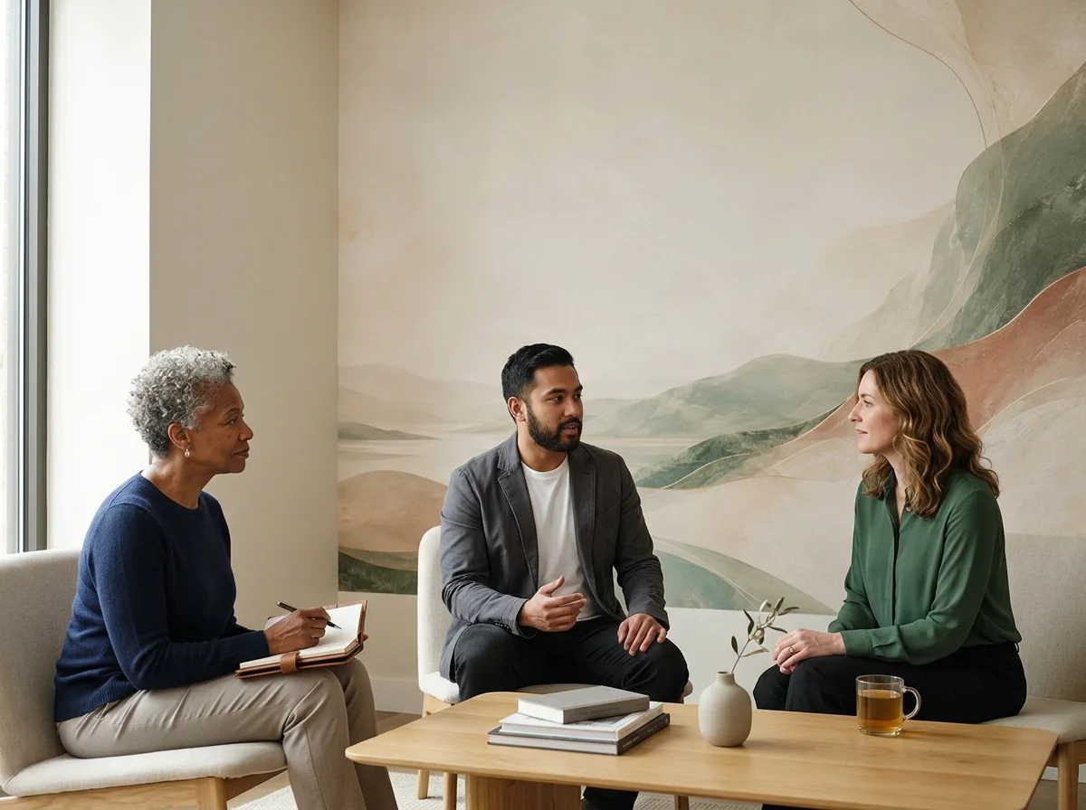 Three people having a discussion in a room with a mountain landscape mural. One woman with curly gray hair and a blue sweater takes notes, a man with dark hair and a beard wears a gray blazer and white shirt, and a woman with wavy brown hair in a green blouse listens. There are books, a small vase with leaves, and a glass of tea on the table.