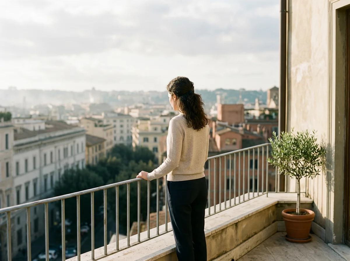 A woman looking out from a balcony over a cityscape in daylight, with a potted plant in the corner.
