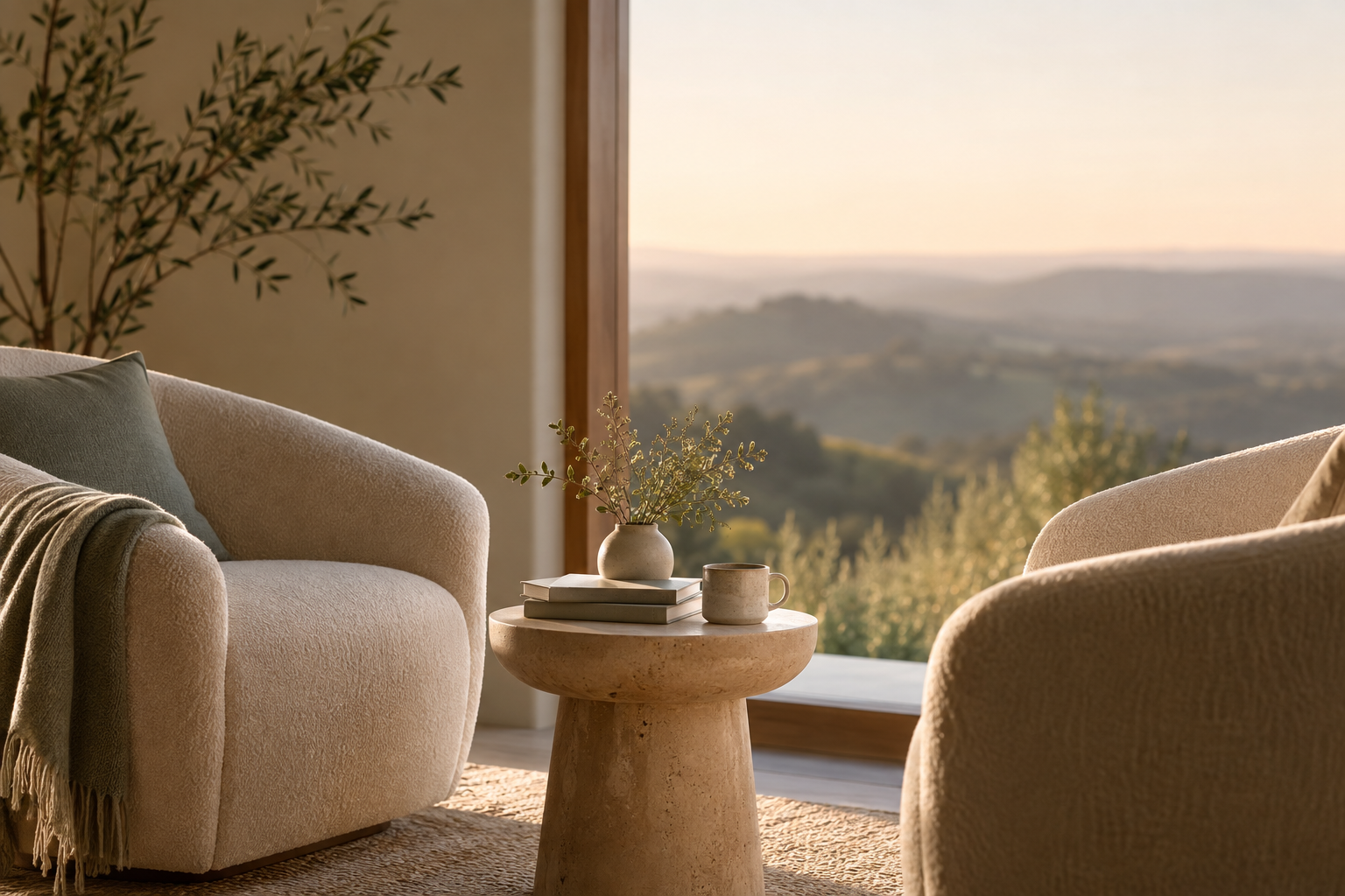 Cozy living room with two off-white armchairs, a round stone side table with a small vase, a cup, and books, near a large window showing a scenic view of rolling hills and trees during sunset.