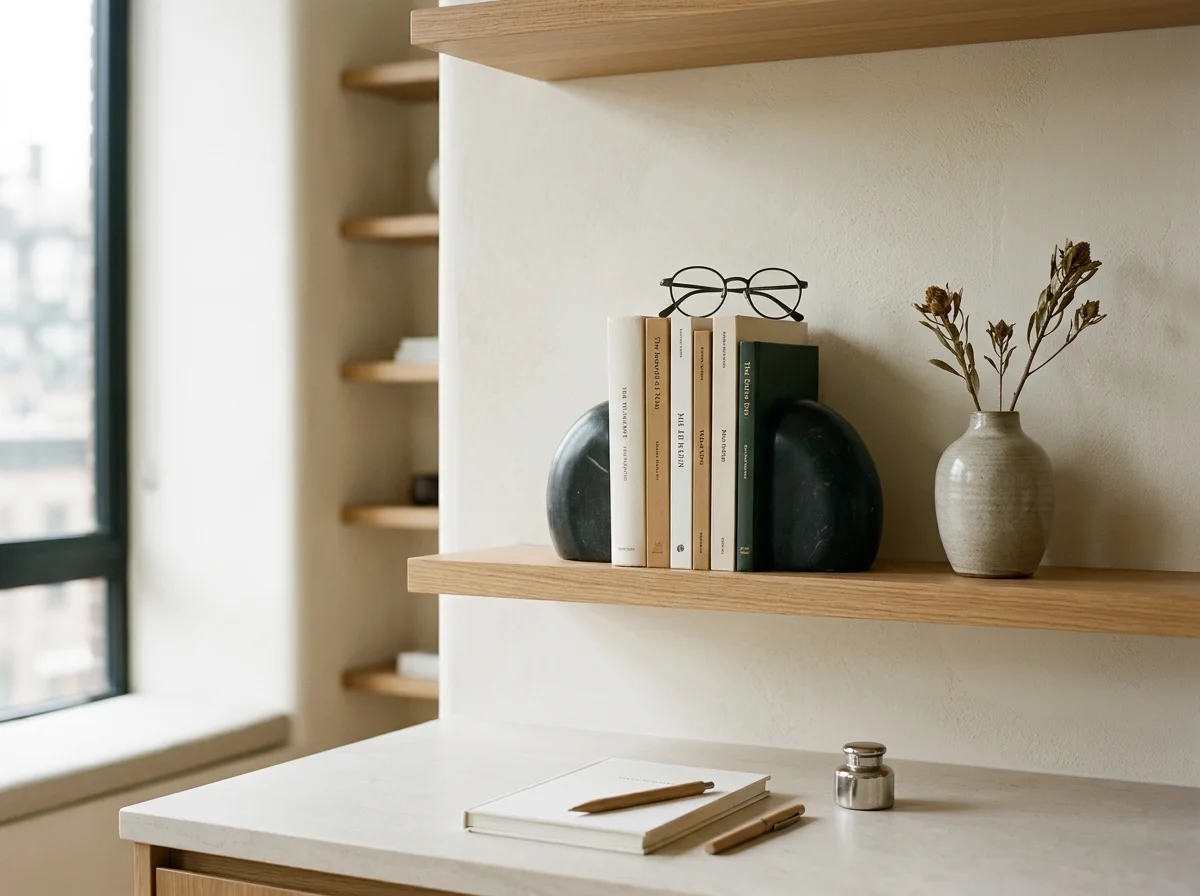 A minimalist desk with a closed notebook, a pen, and an inkwell on a light-colored surface, against a background of wooden shelves lined with books, a vase with dried flowers, and a window with city buildings outside.