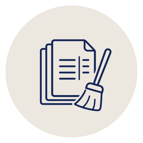 Icon of a broom and a stack of documents representing cleanup & catch-up bookkeeping