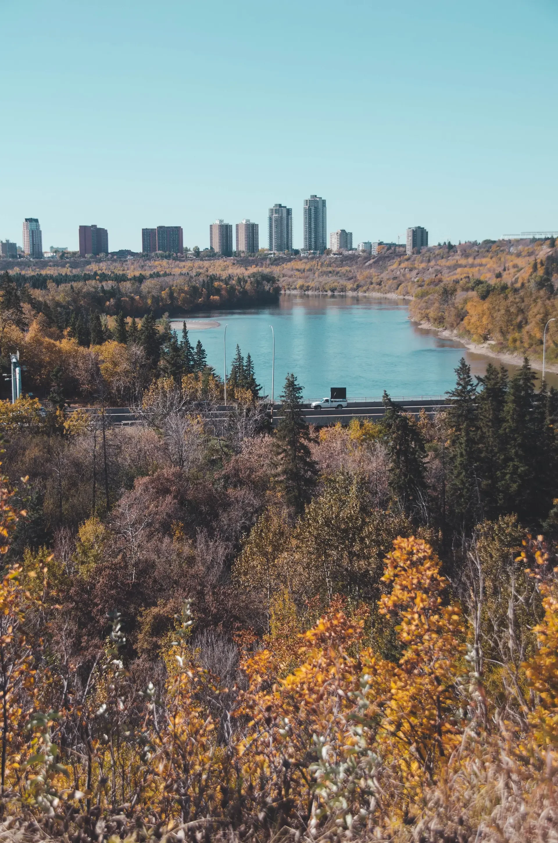 Downtown city skyline reflected in a river surrounded by autumn foliage