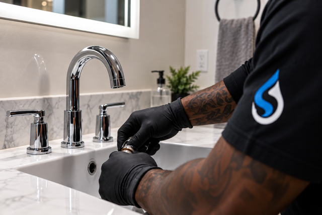 Plumber installing a bathroom sink faucet in the Milwaukee area