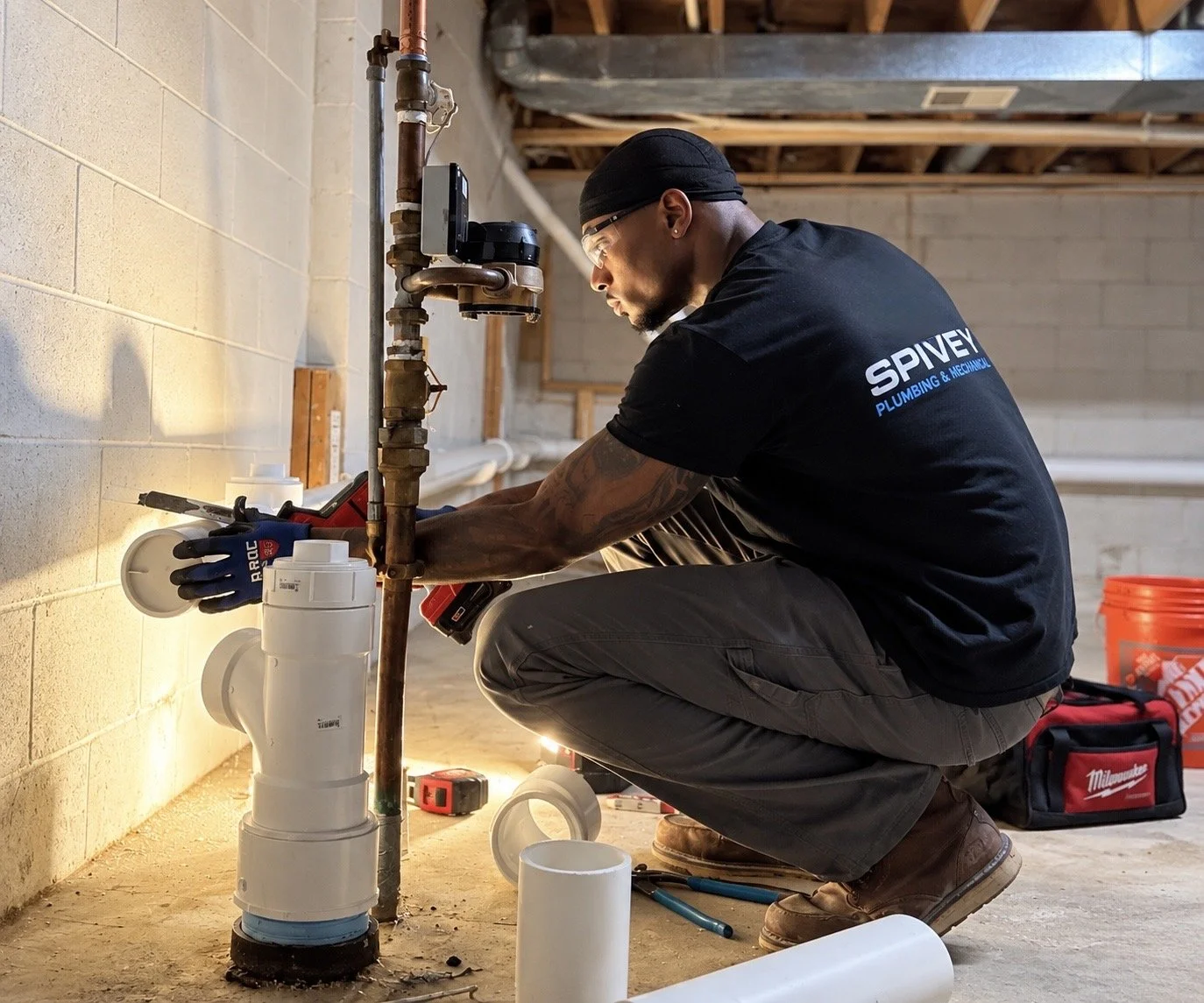 A plumber is working on plumbing pipes in a basement. He is wearing a black t-shirt with blue and white text, kneeling, with tools and supplies around him.