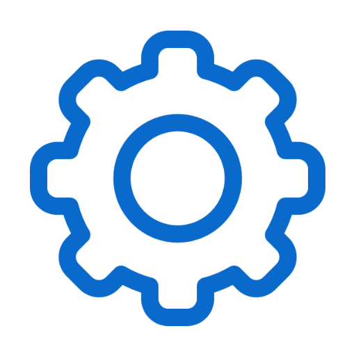 Blue gear icon with a circular cutout in the center on a black background.