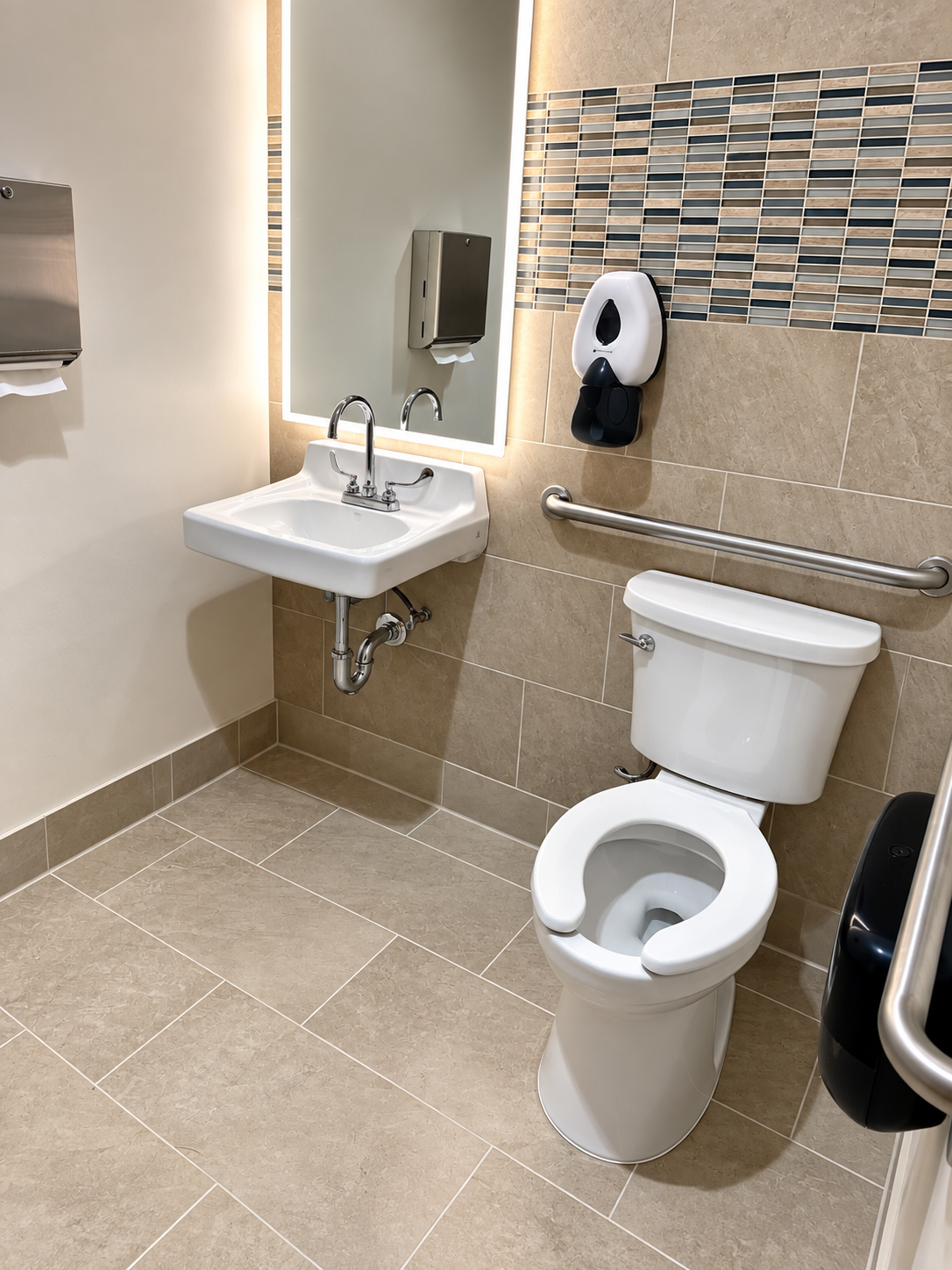 Commercial ADA restroom with toilet, wall-mounted sink, and grab bars